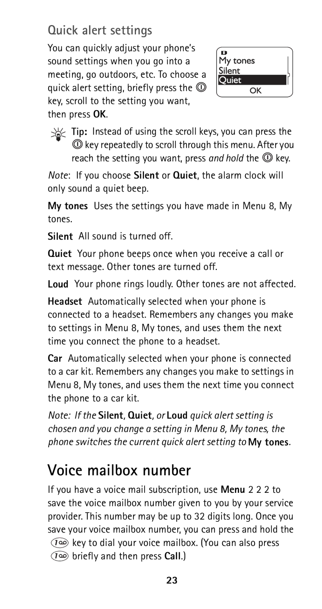 Nokia 5160i manual Voice mailbox number, Quick alert settings 