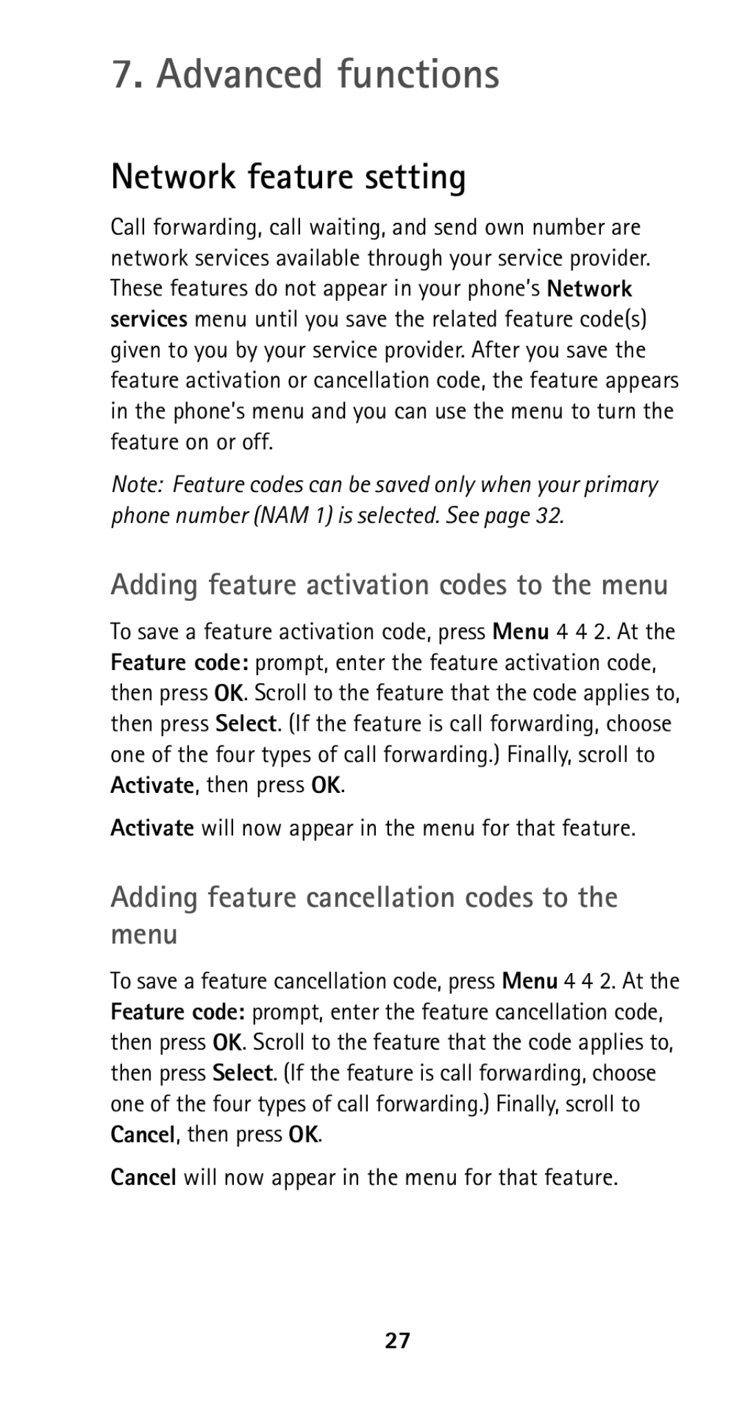 Nokia 5160i manual Advanced functions, Network feature setting, Adding feature cancellation codes to the menu 