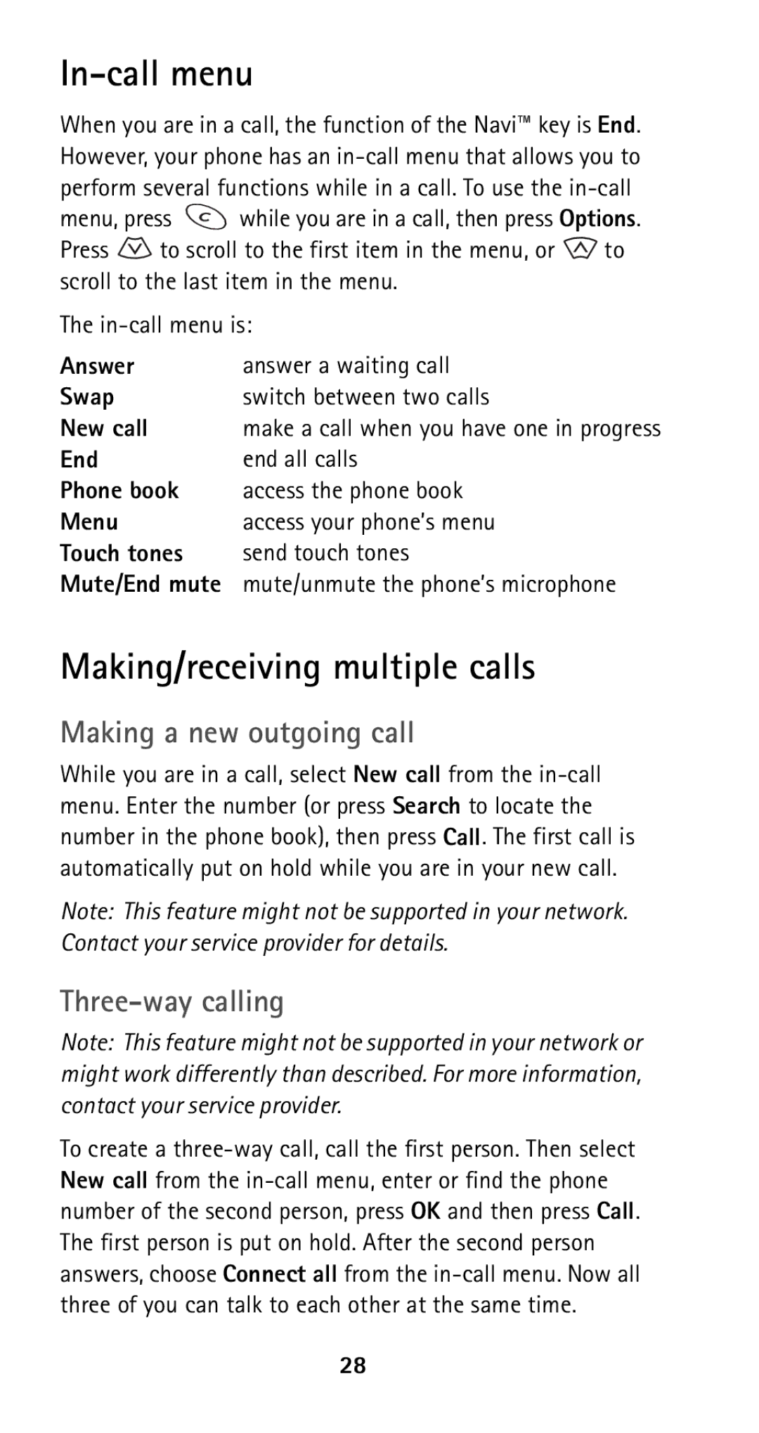 Nokia 5160i manual In-call menu, Making/receiving multiple calls, Making a new outgoing call, Three-way calling 