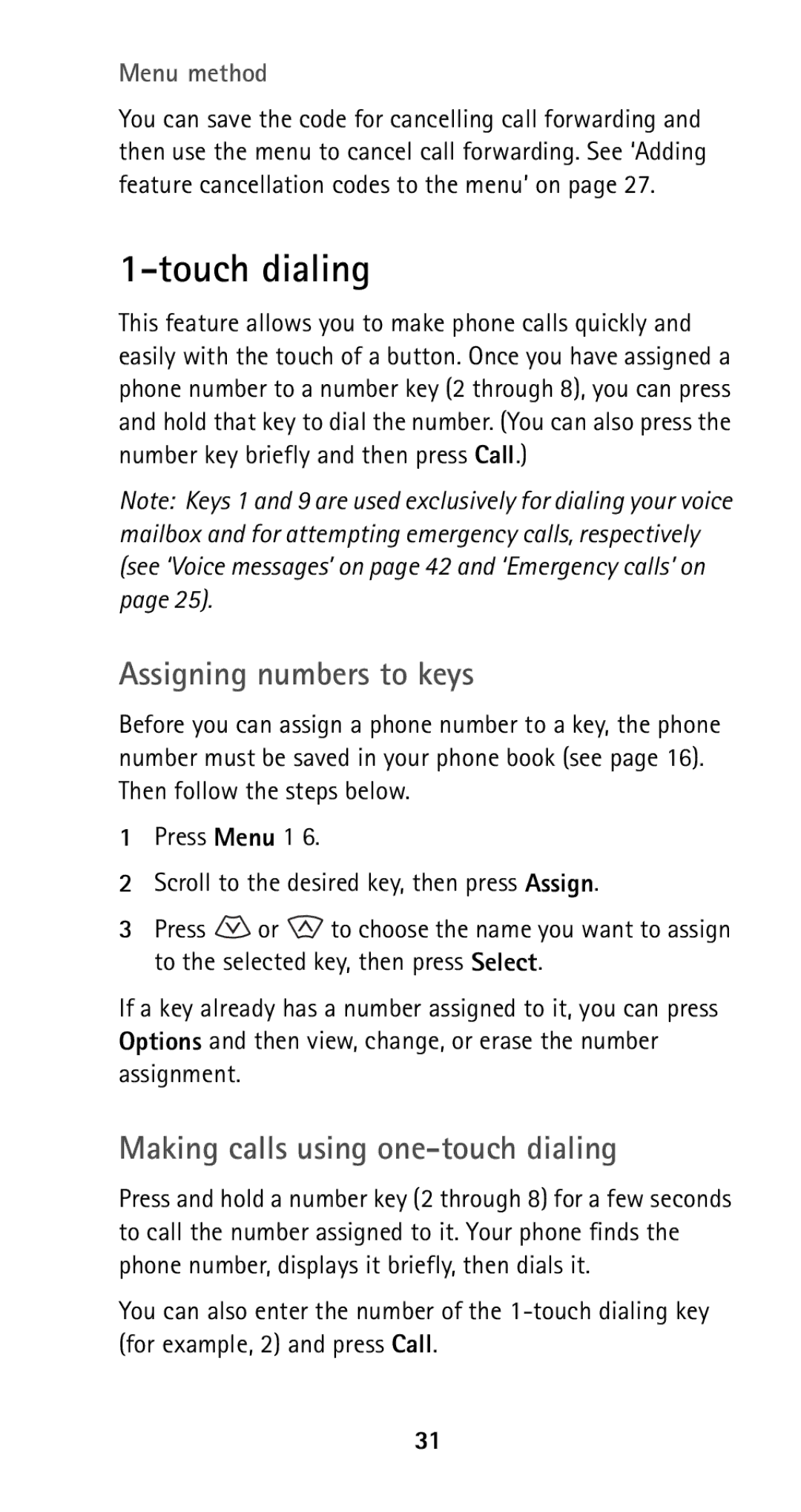 Nokia 5160i manual Touch dialing, Assigning numbers to keys, Making calls using one-touch dialing 