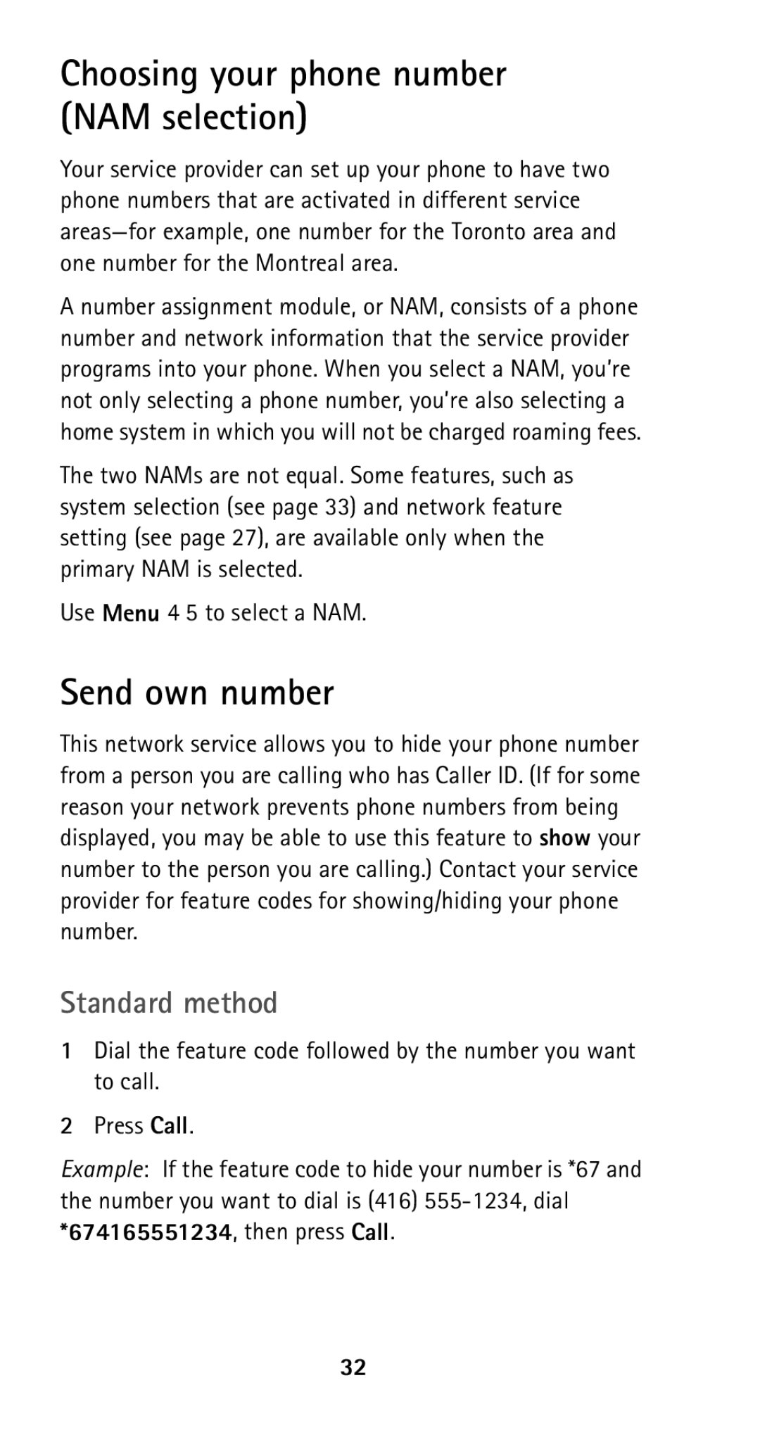 Nokia 5160i manual Choosing your phone number NAM selection, Send own number, Standard method, Use Menu 4 5 to select a NAM 
