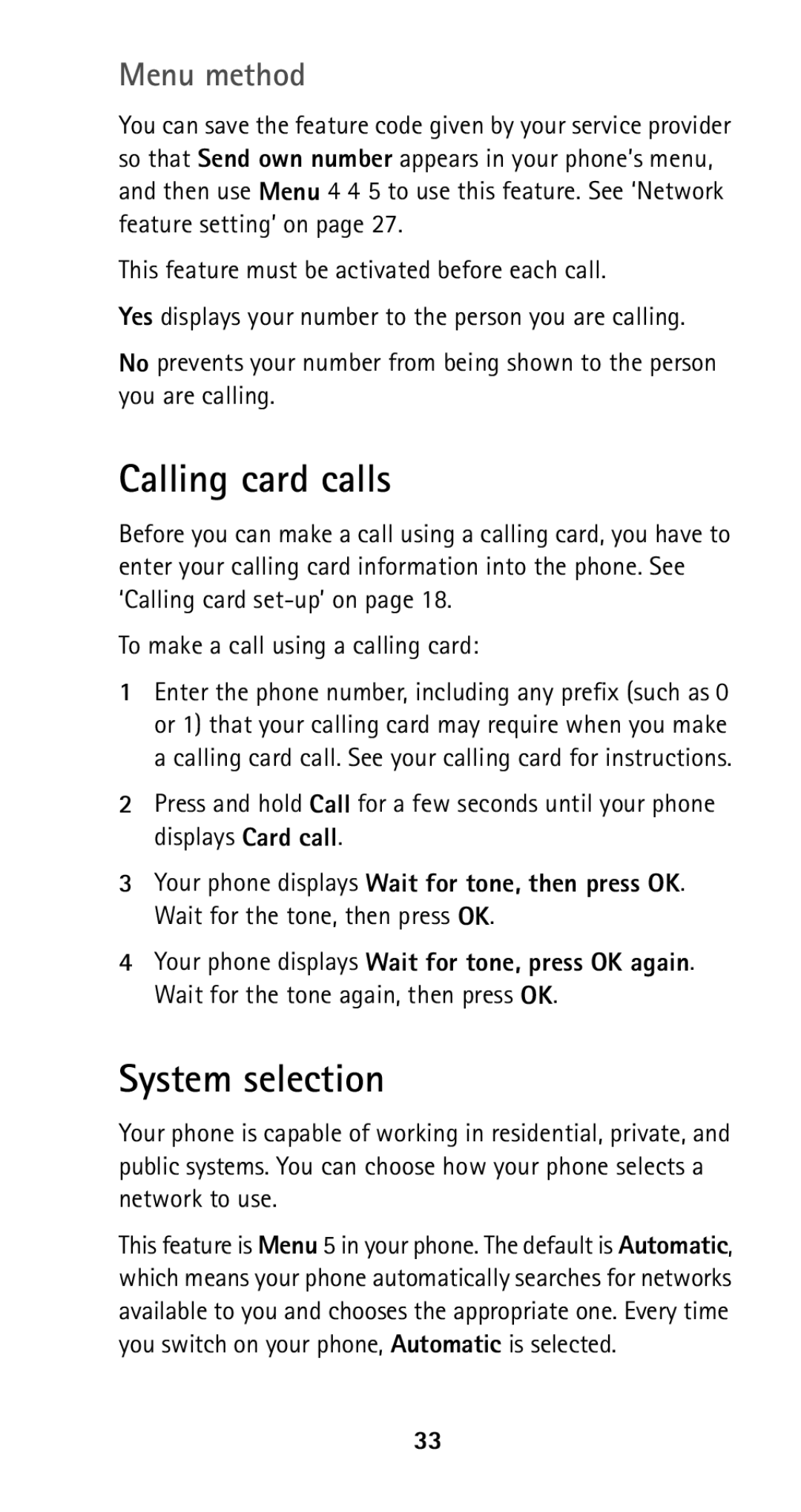 Nokia 5160i manual Calling card calls, System selection, Menu method 