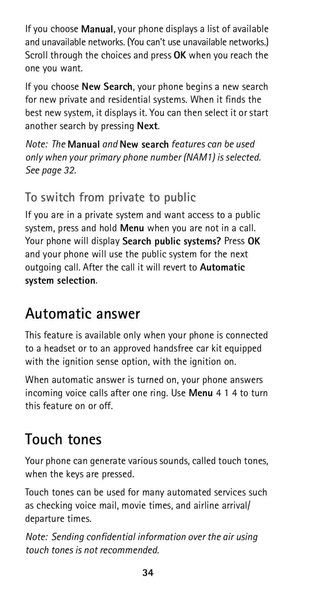 Nokia 5160i manual Automatic answer, Touch tones, To switch from private to public 