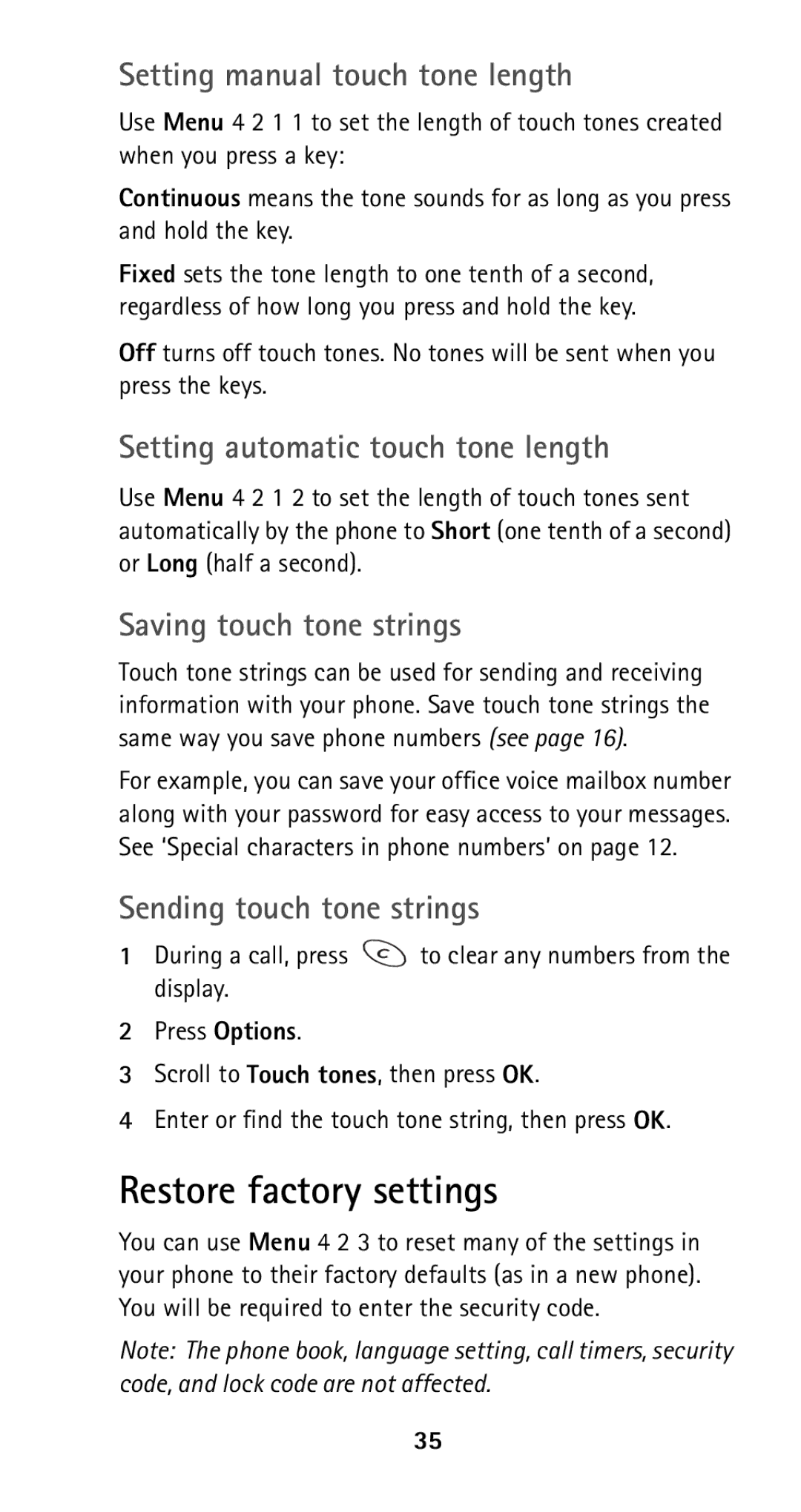 Nokia 5160i Restore factory settings, Setting manual touch tone length, Setting automatic touch tone length 