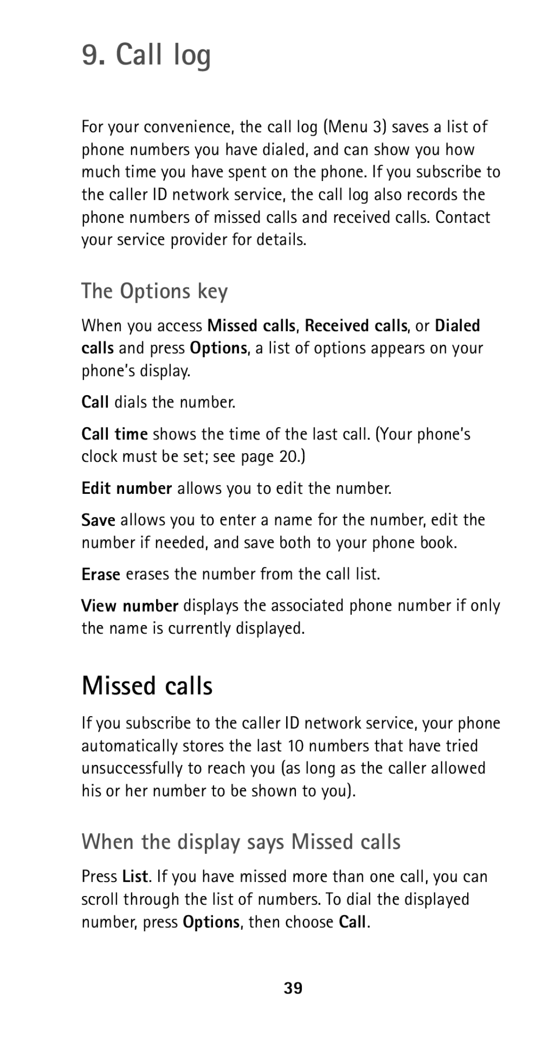 Nokia 5160i manual Call log, Options key, When the display says Missed calls 