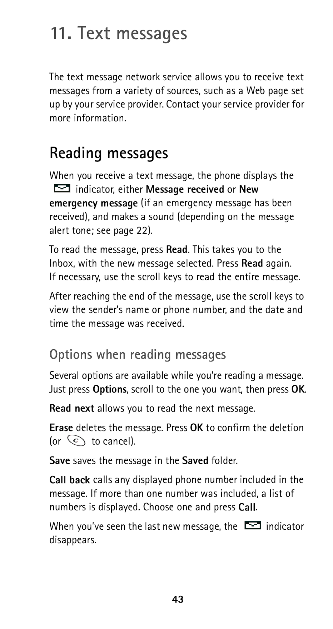 Nokia 5160i Text messages, Reading messages, Options when reading messages, Read next allows you to read the next message 