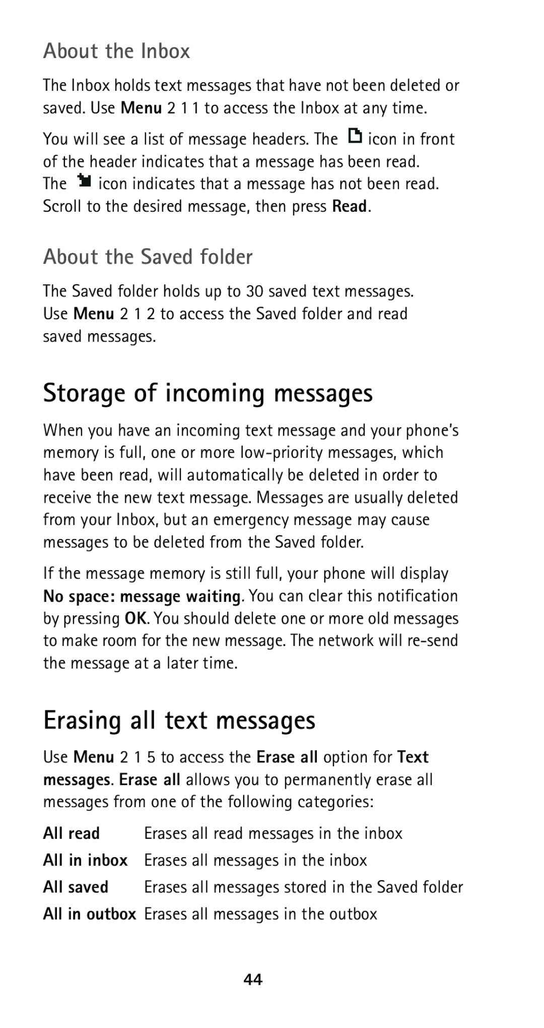 Nokia 5160i manual Storage of incoming messages, Erasing all text messages, About the Inbox, About the Saved folder 