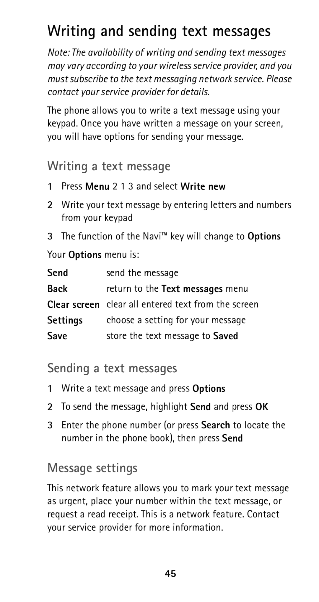 Nokia 5160i manual Writing and sending text messages, Writing a text message, Sending a text messages, Message settings 