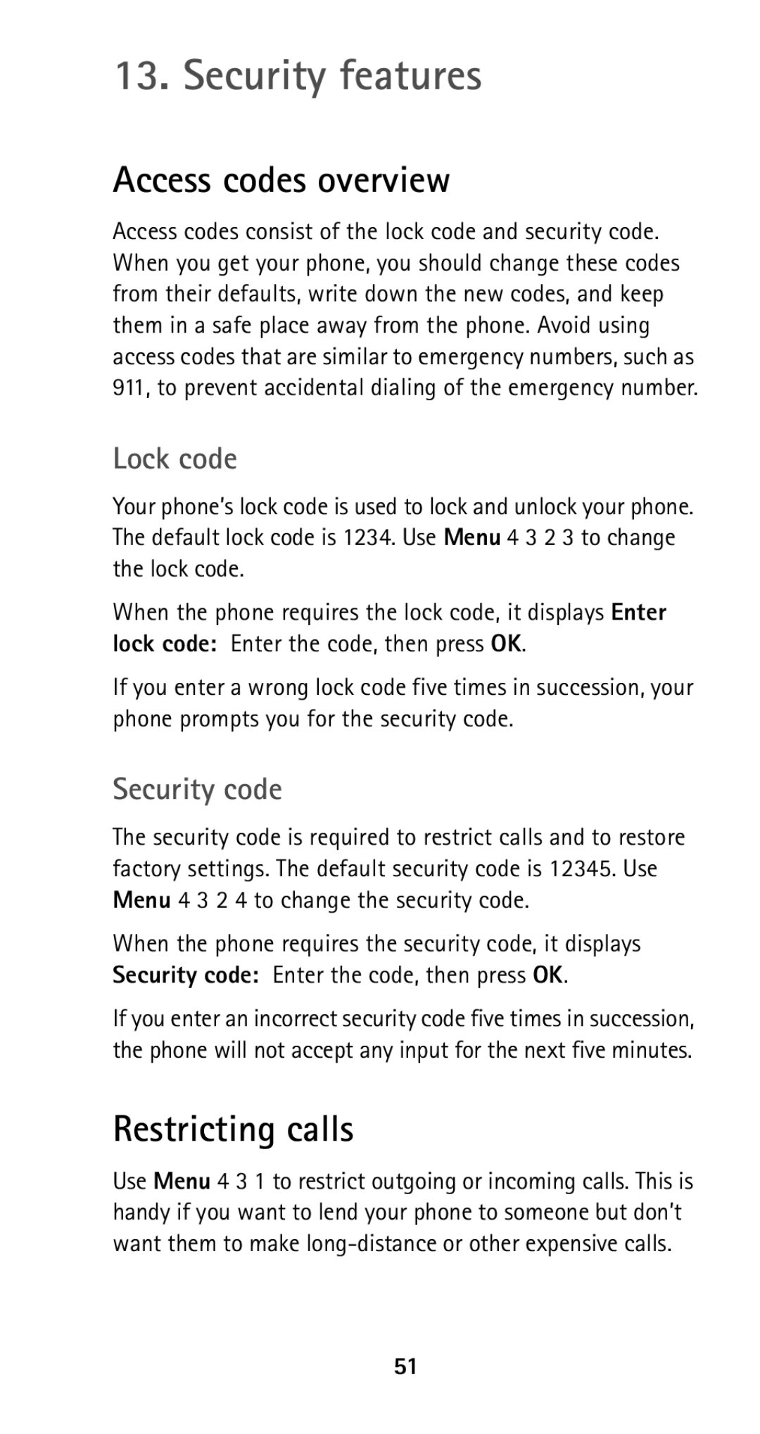 Nokia 5160i manual Security features, Access codes overview, Restricting calls, Lock code, Security code 