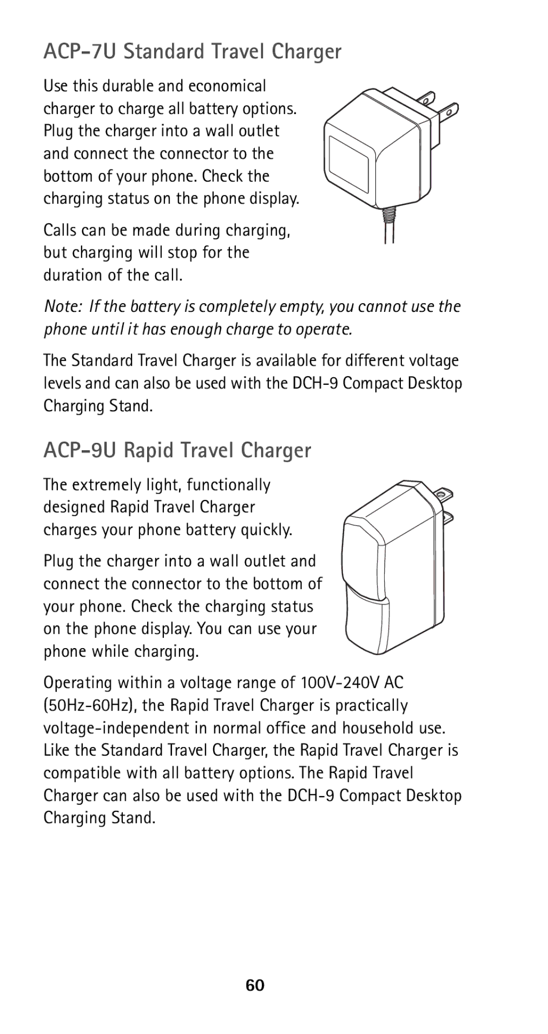 Nokia 5160i manual ACP-7U Standard Travel Charger, ACP-9U Rapid Travel Charger 