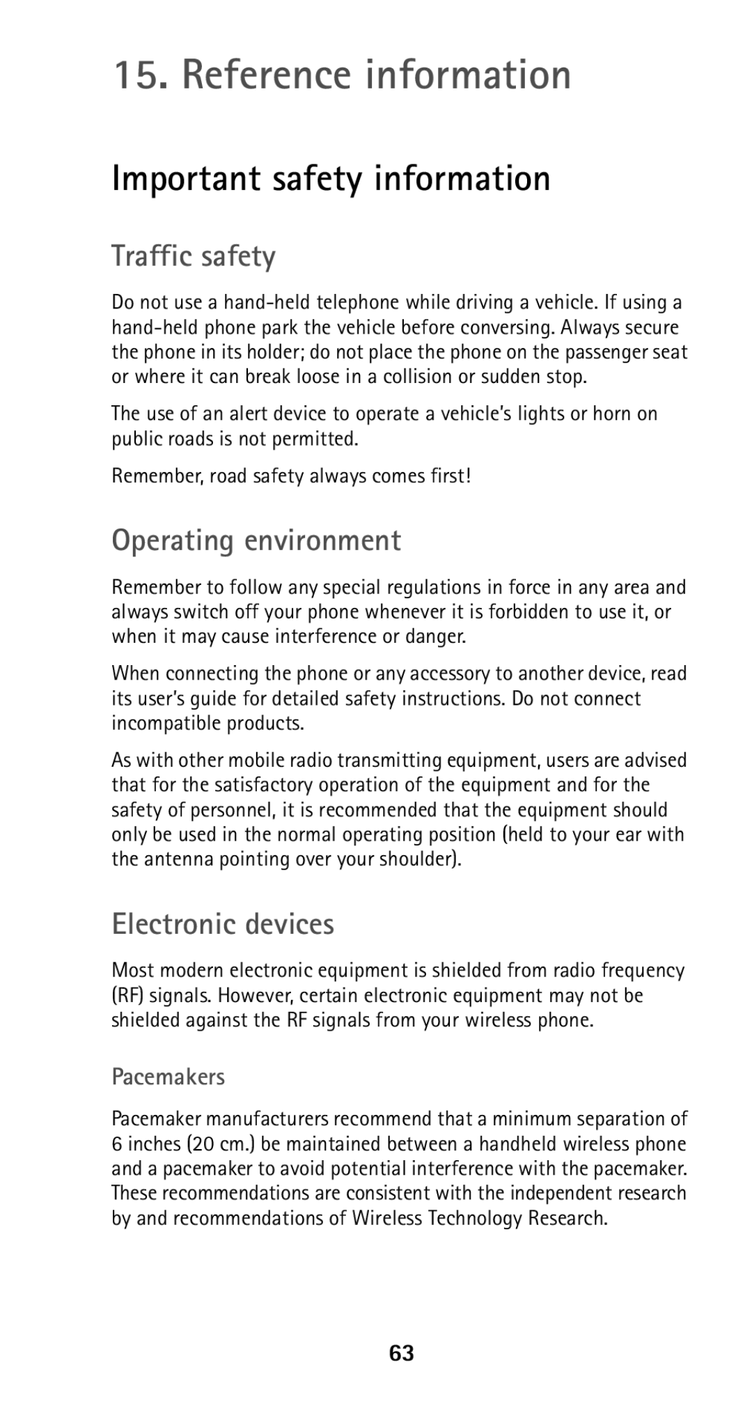 Nokia 5160i Reference information, Important safety information, Traffic safety, Operating environment, Electronic devices 