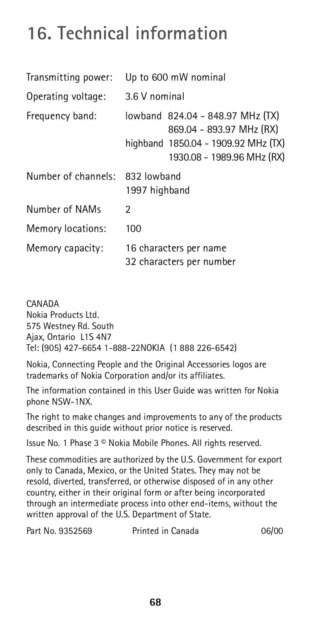 Nokia 5160i manual Technical information, Up to 600 mW nominal, Operating voltage Nominal Frequency band, Highband 