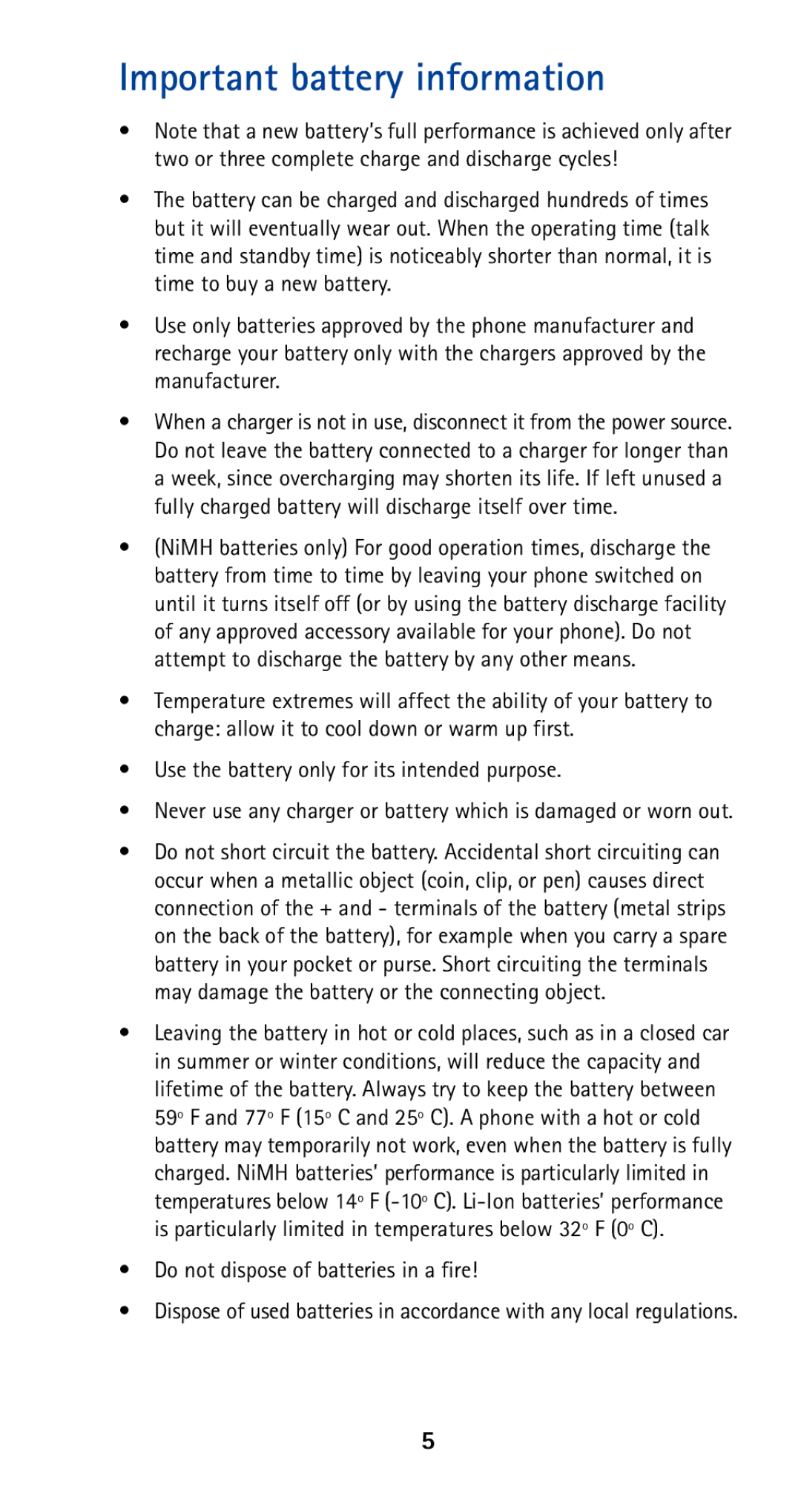 Nokia 5165 manual Important battery information, Use the battery only for its intended purpose 