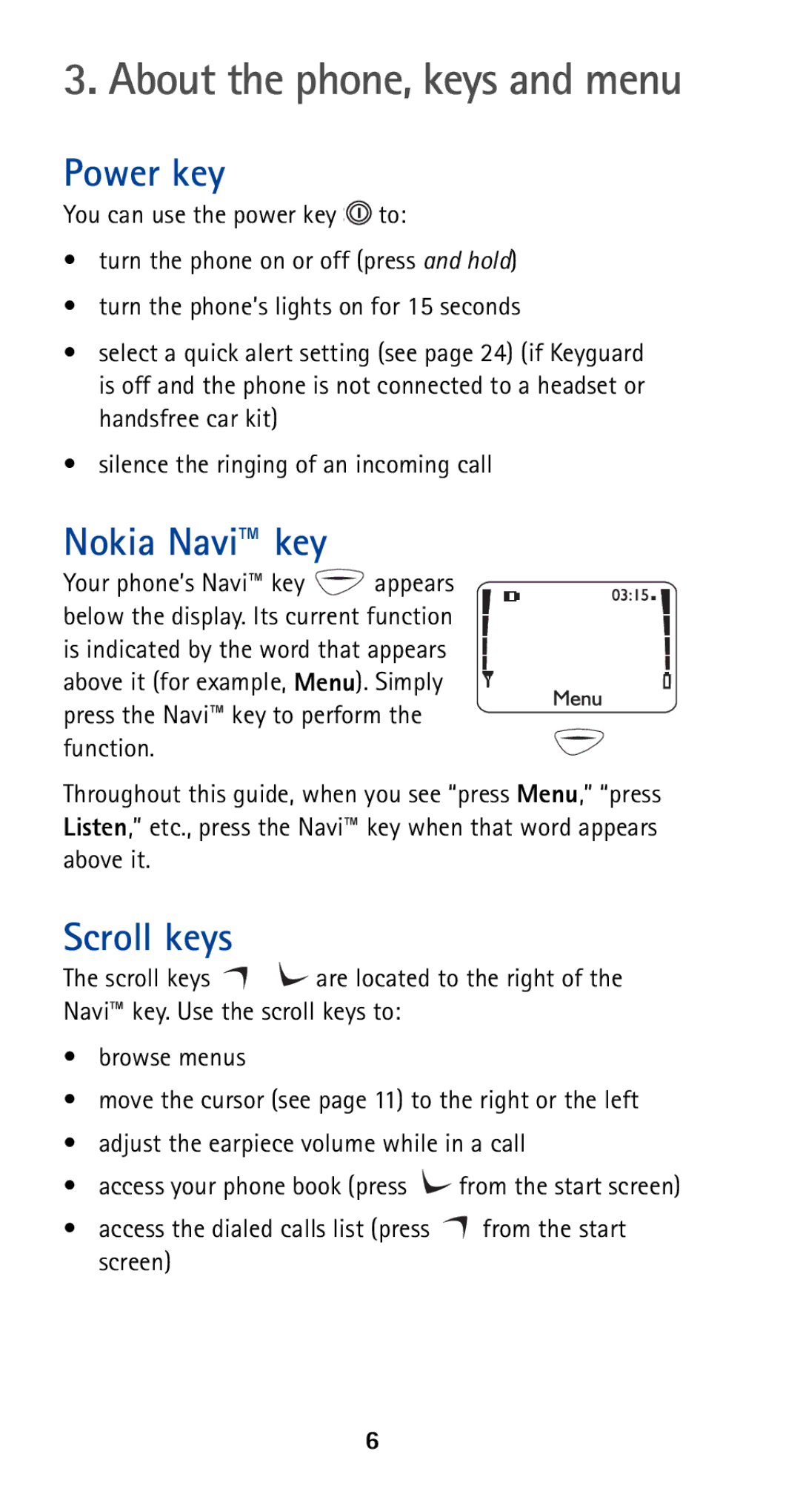 Nokia 5165 manual Power key, Nokia Navi key, Scroll keys 