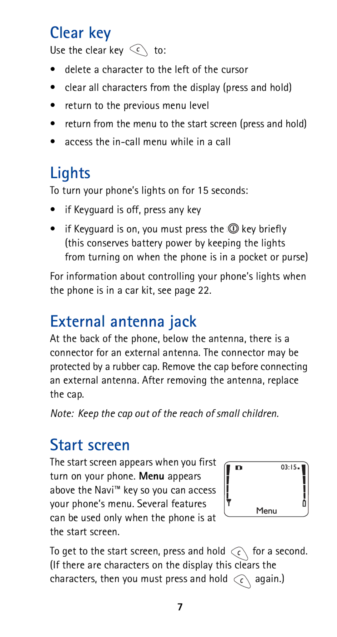 Nokia 5165 manual Clear key, Lights, External antenna jack, Start screen 