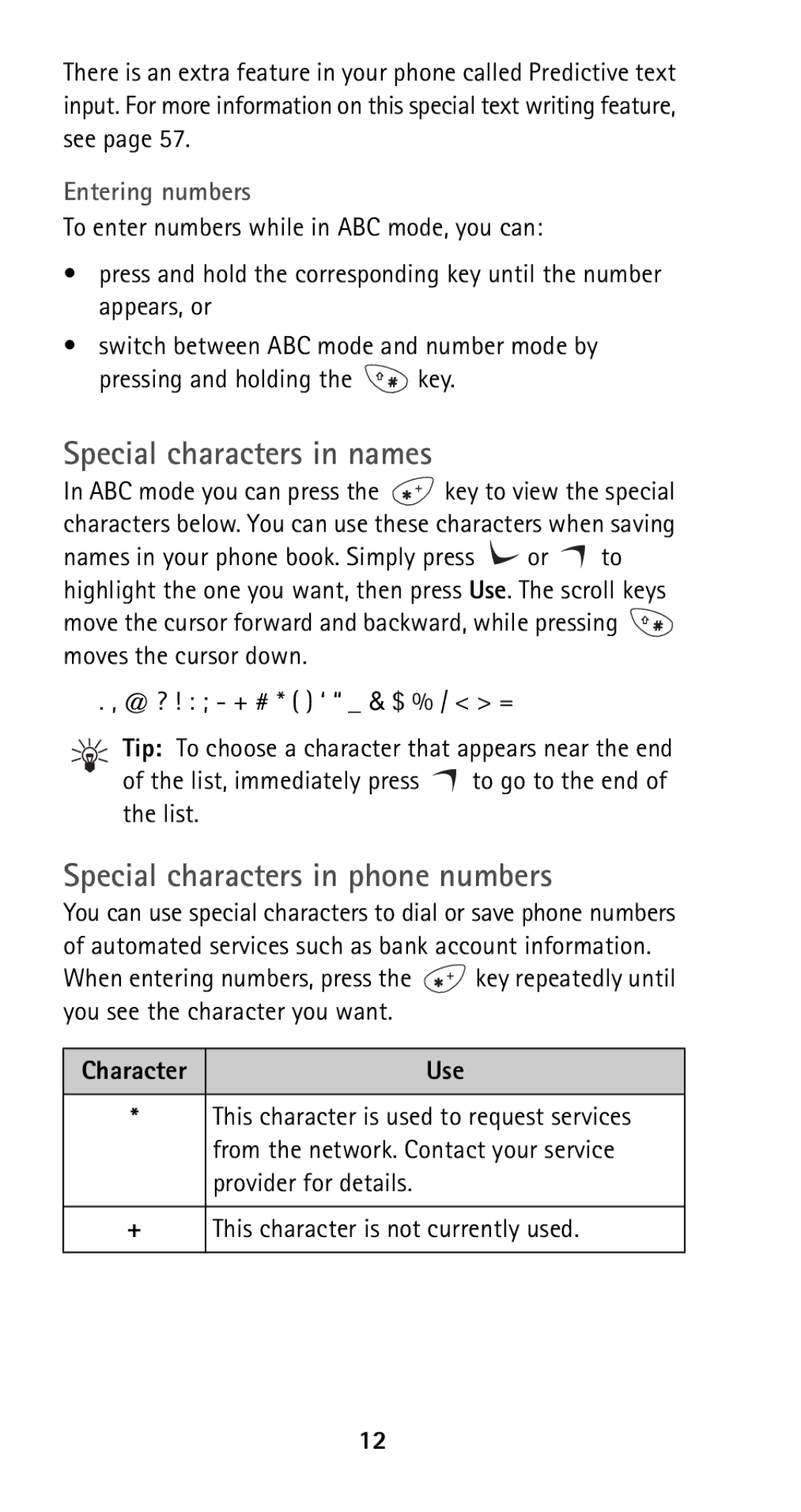 Nokia 5165 manual Special characters in names, Special characters in phone numbers, Entering numbers 