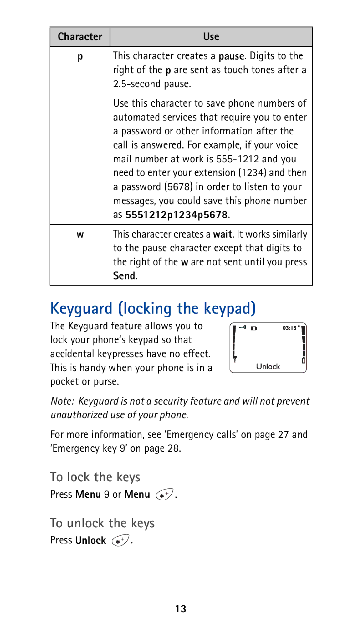 Nokia 5165 manual Keyguard locking the keypad, To lock the keys, To unlock the keys 