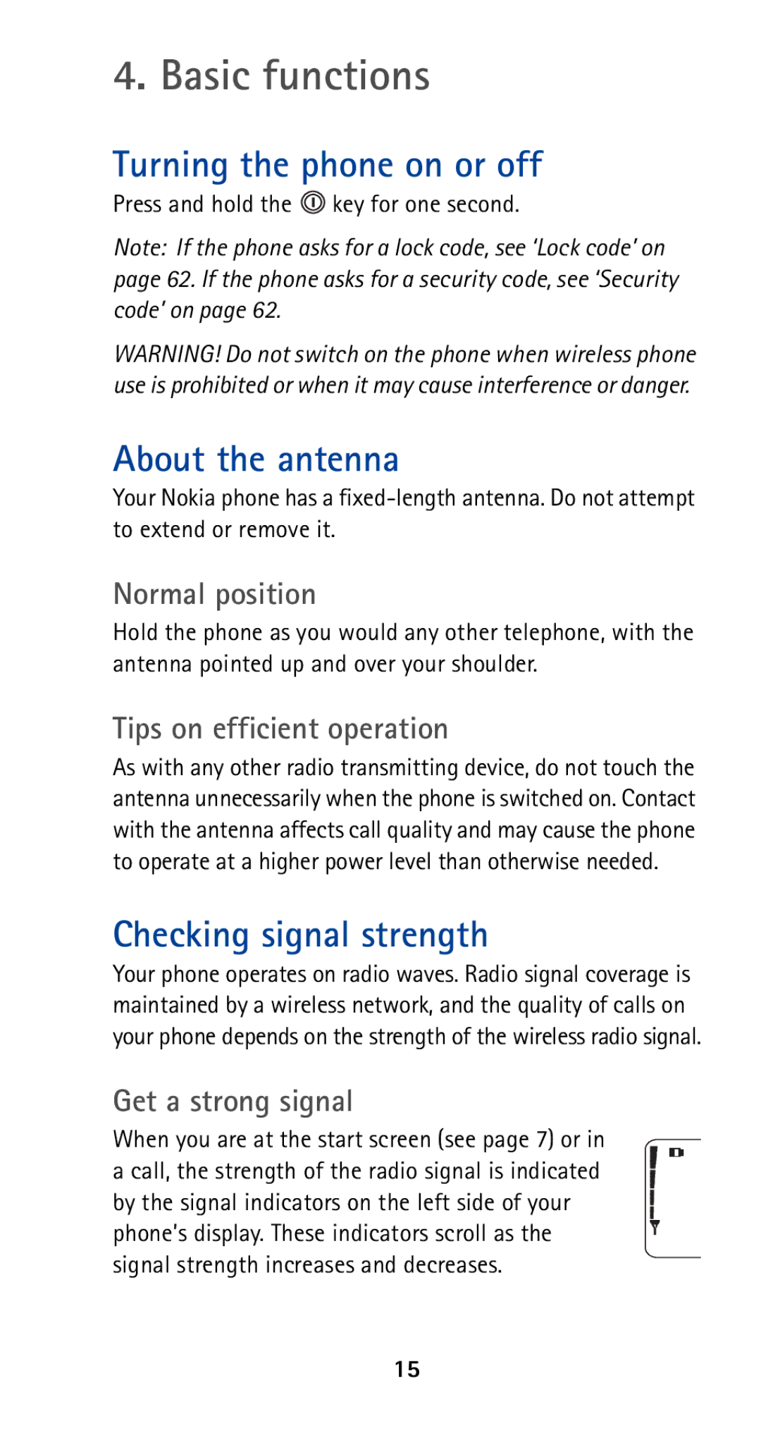 Nokia 5165 manual Basic functions, Turning the phone on or off, About the antenna, Checking signal strength 