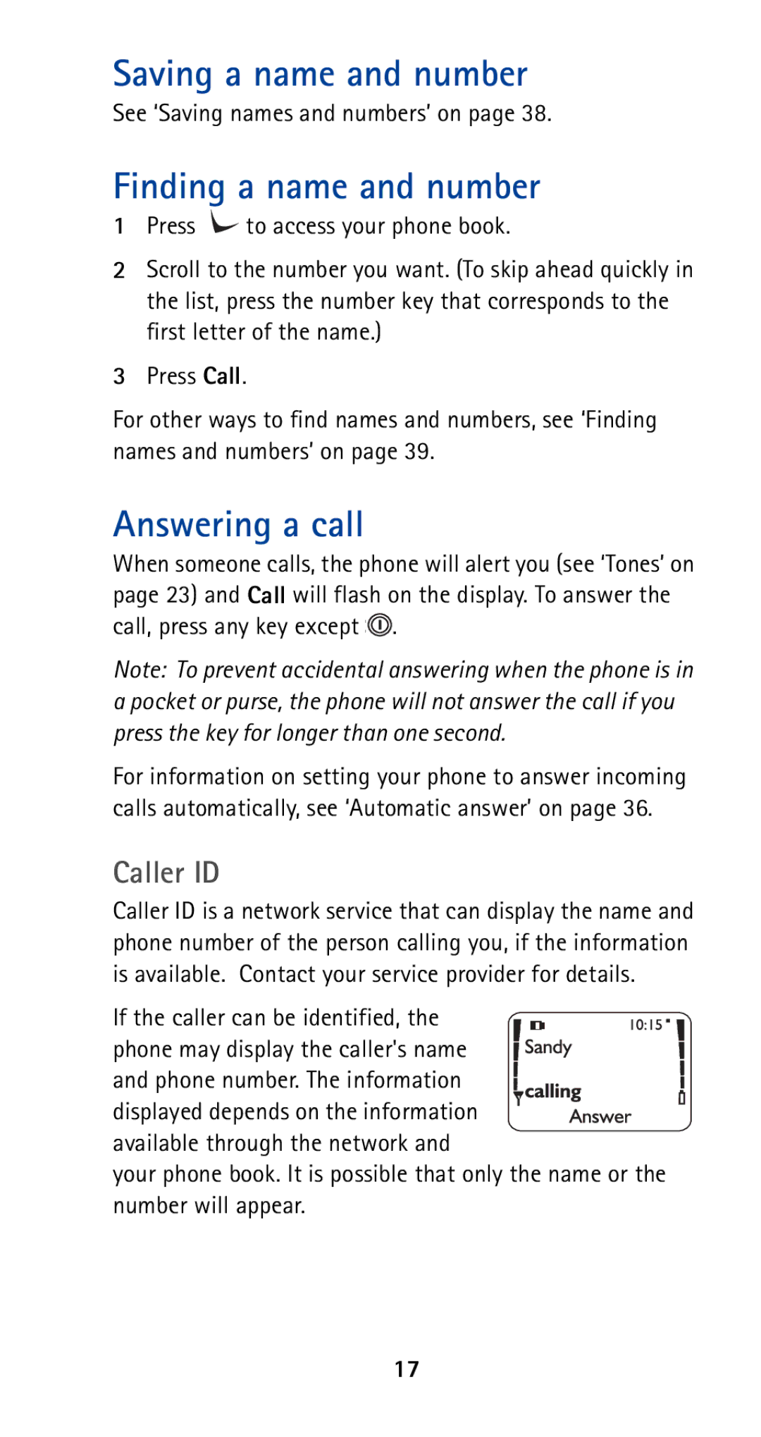 Nokia 5165 manual Saving a name and number, Finding a name and number, Answering a call, Caller ID 