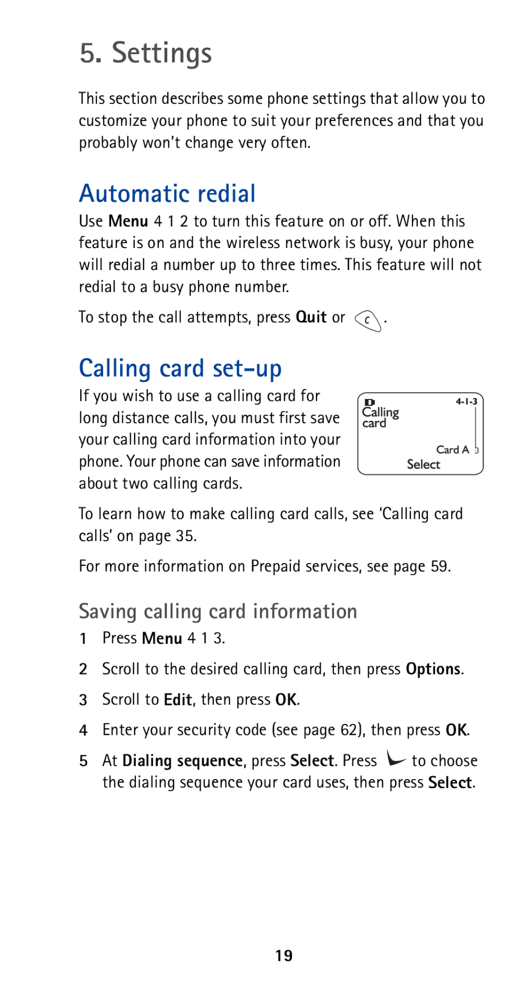 Nokia 5165 manual Settings, Automatic redial, Calling card set-up, Saving calling card information 