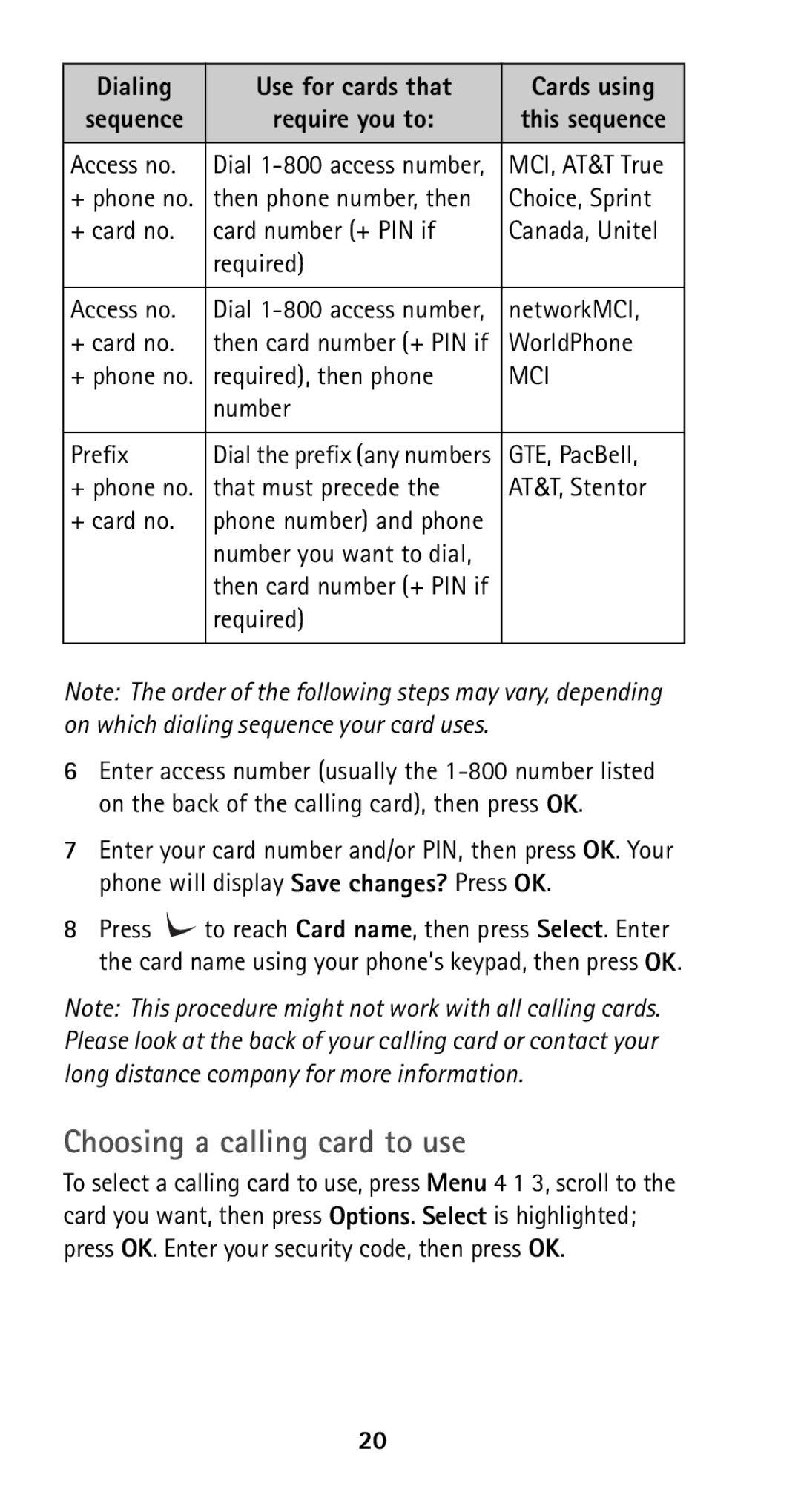 Nokia 5165 manual Choosing a calling card to use 