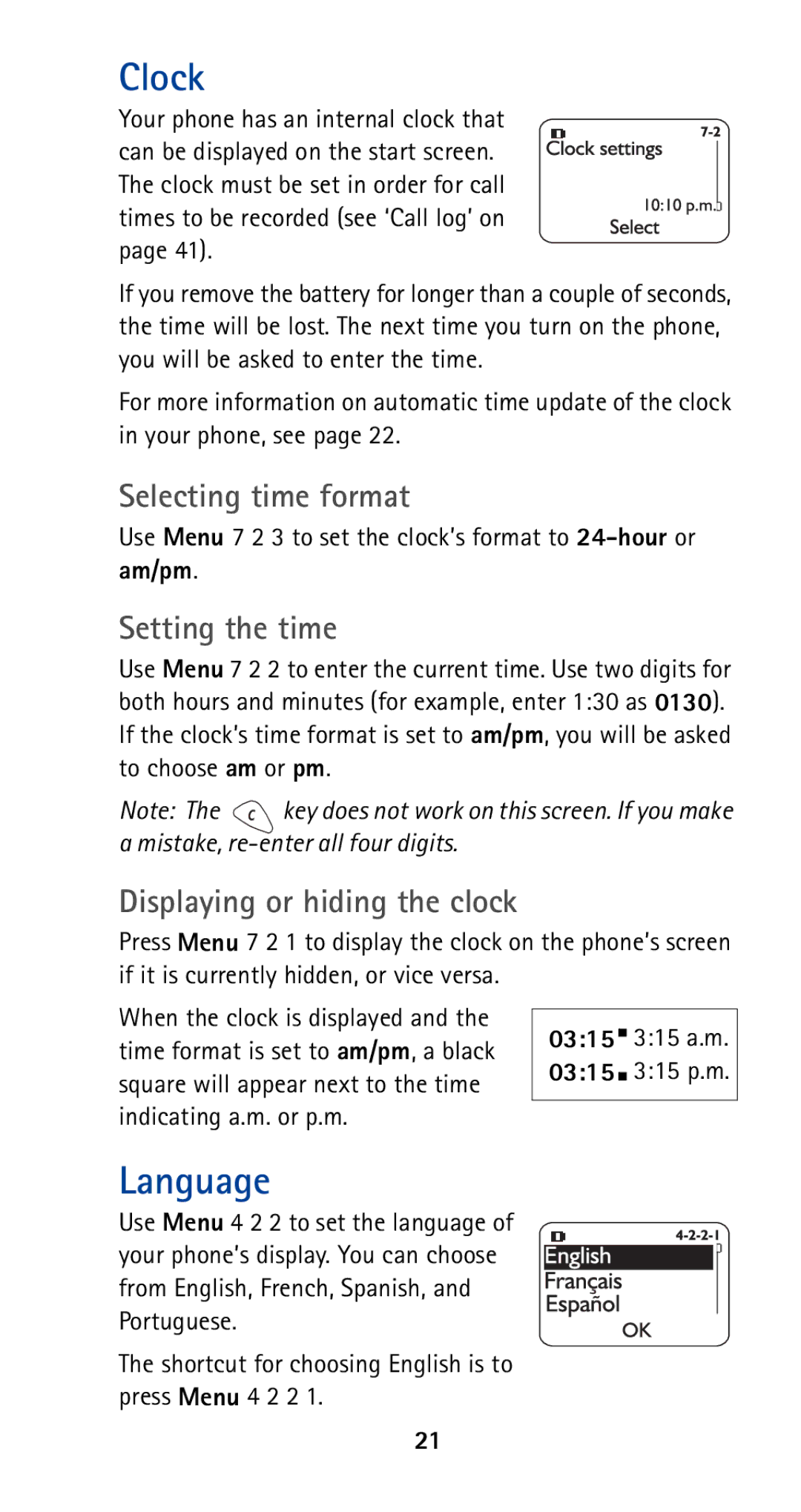 Nokia 5165 manual Clock, Language, Selecting time format, Setting the time, Displaying or hiding the clock 