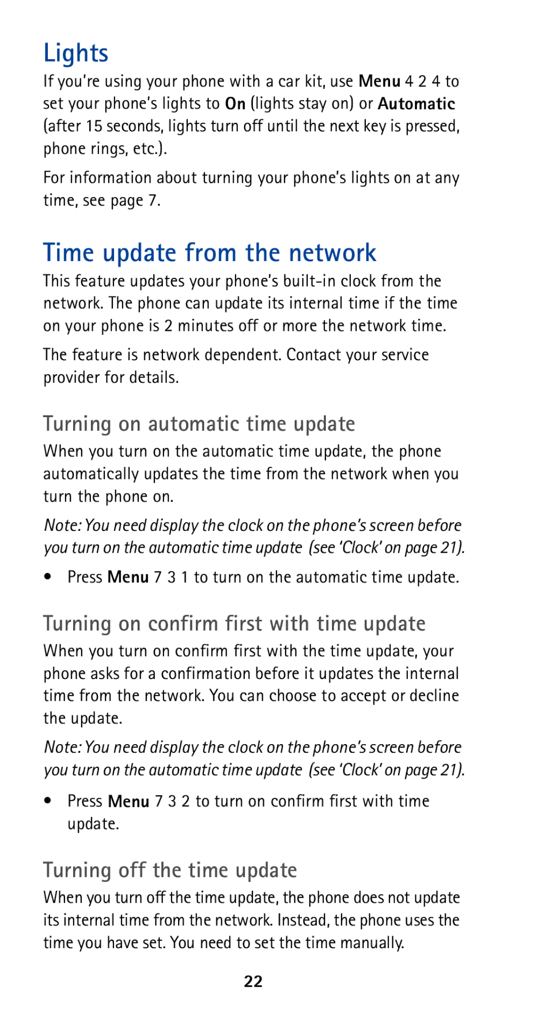 Nokia 5165 manual Time update from the network, Turning on automatic time update, Turning on confirm first with time update 