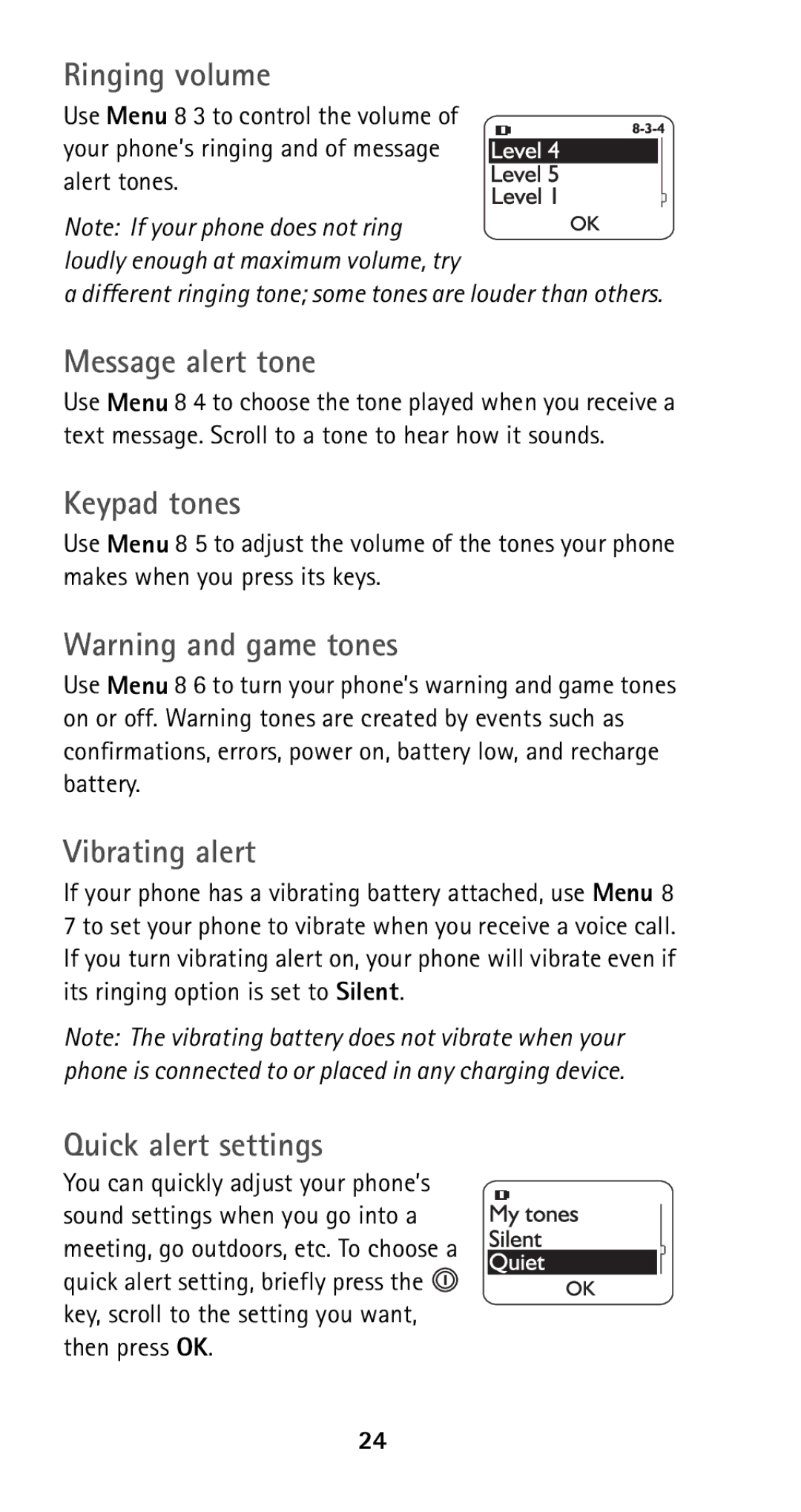 Nokia 5165 manual Ringing volume, Message alert tone, Keypad tones, Vibrating alert, Quick alert settings 