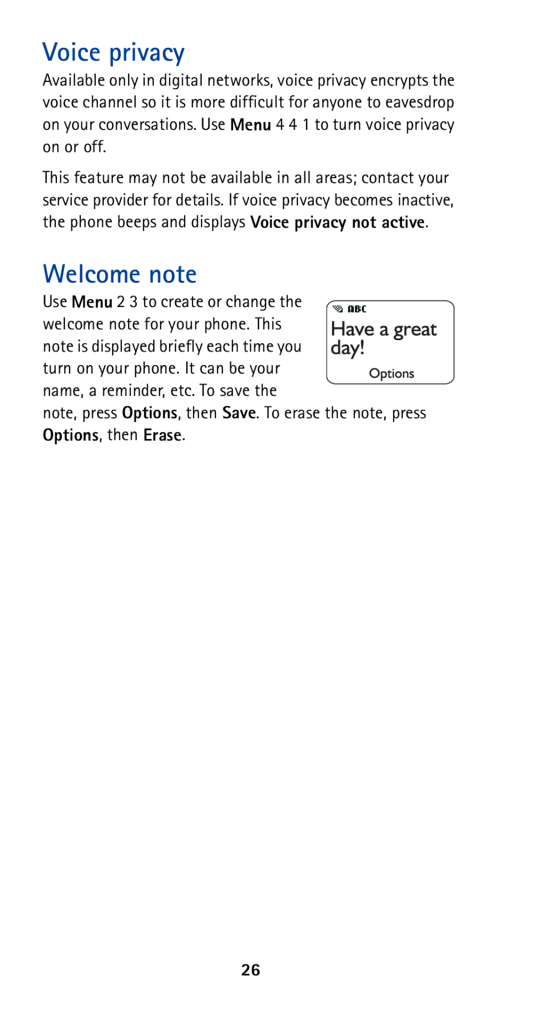 Nokia 5165 manual Voice privacy, Welcome note 