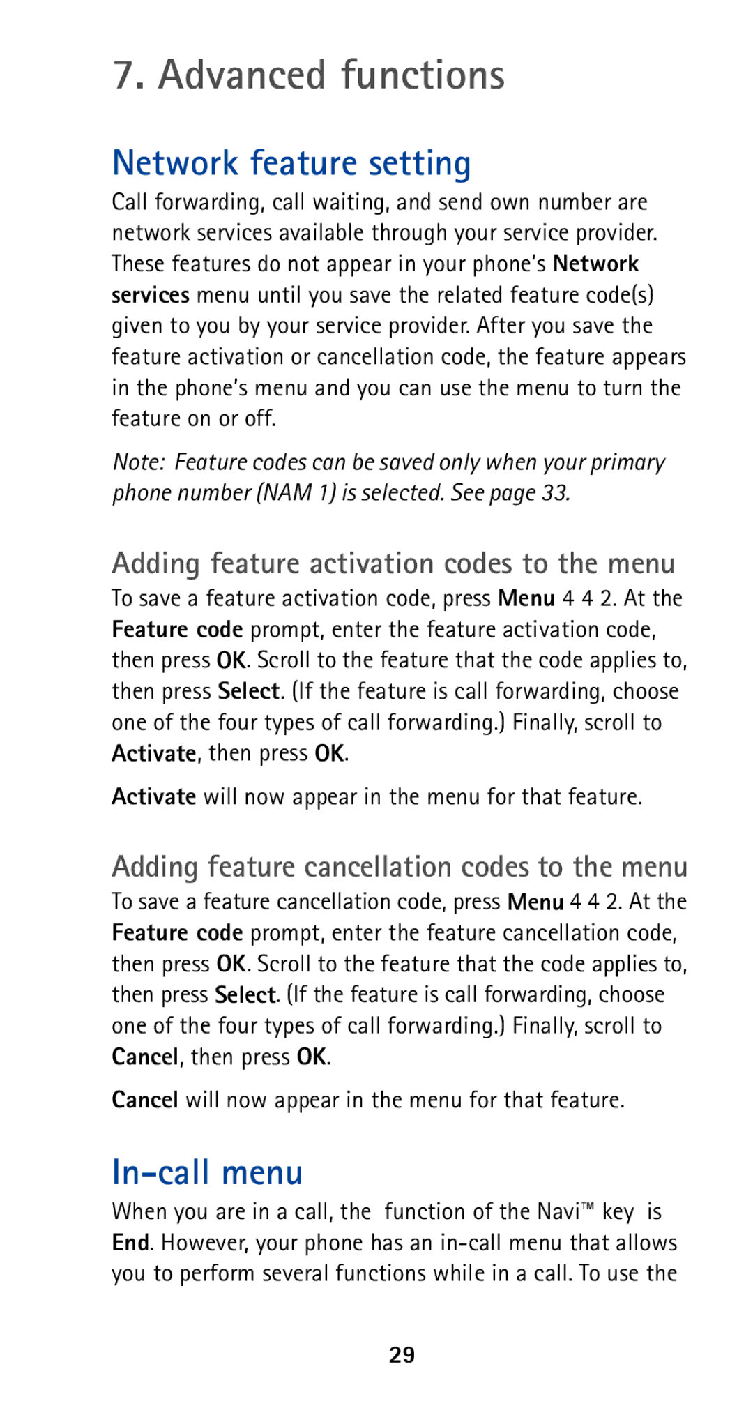 Nokia 5165 Advanced functions, Network feature setting, In-call menu, Cancel will now appear in the menu for that feature 