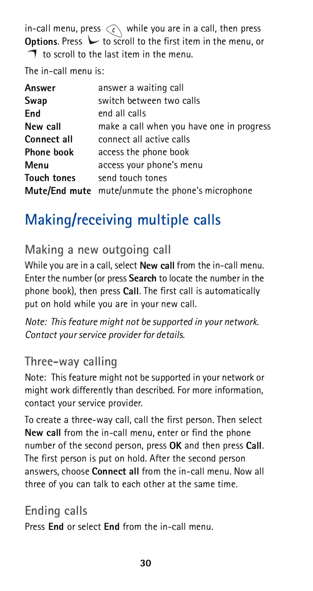 Nokia 5165 manual Making/receiving multiple calls, Making a new outgoing call, Three-way calling, Ending calls 