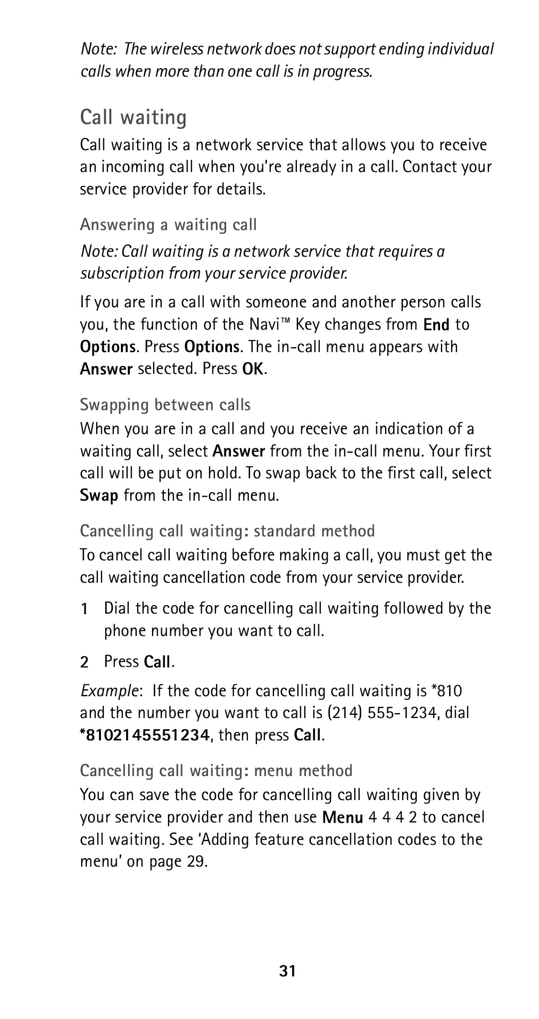 Nokia 5165 manual Call waiting, Answering a waiting call, Swapping between calls, Cancelling call waiting standard method 