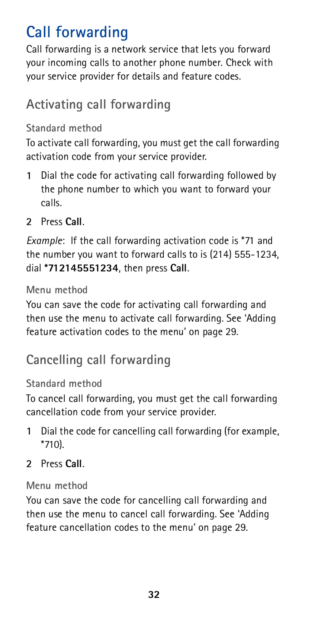 Nokia 5165 manual Call forwarding, Activating call forwarding, Cancelling call forwarding, Standard method, Menu method 