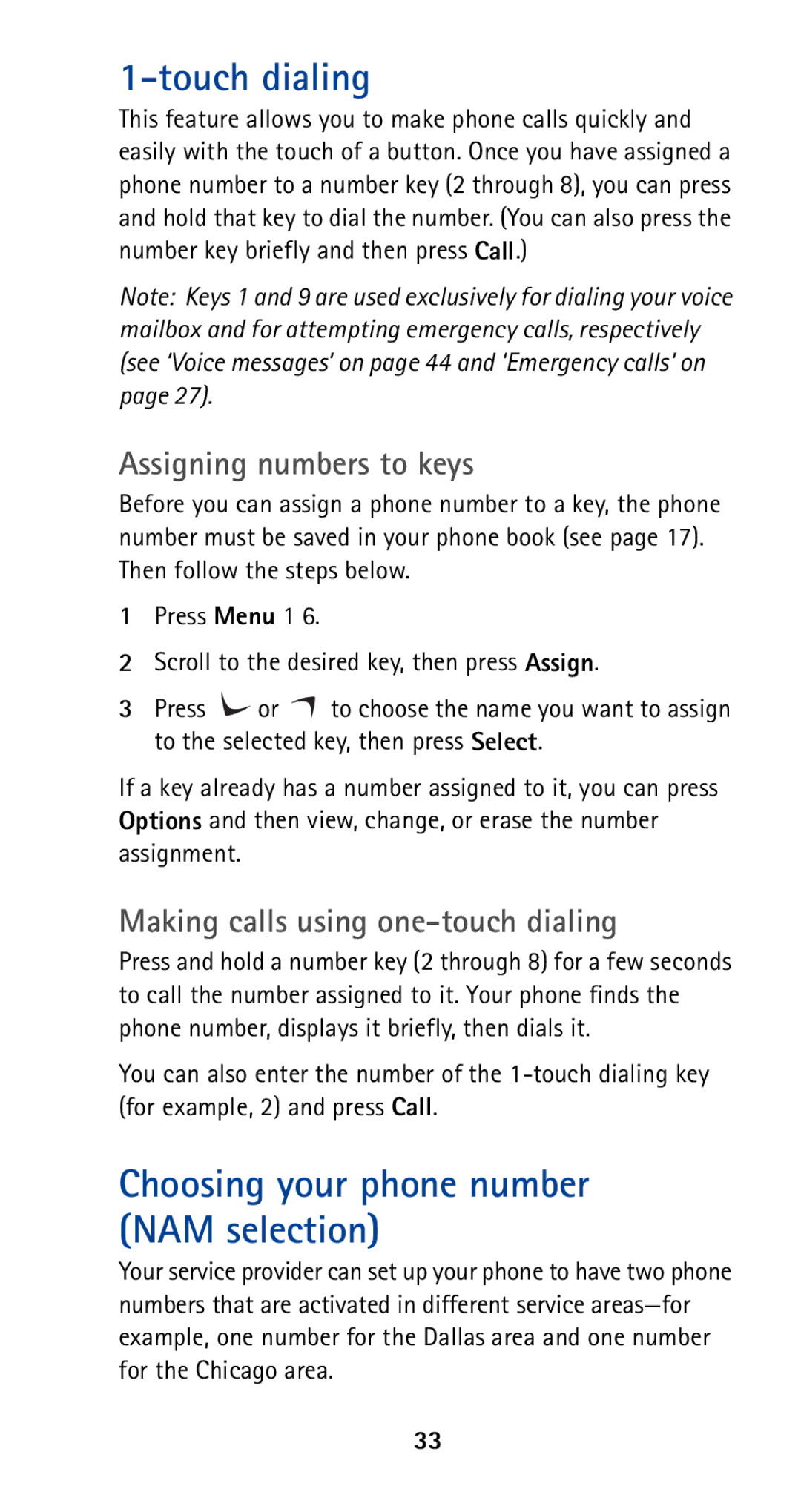 Nokia 5165 manual Touch dialing, Choosing your phone number NAM selection, Assigning numbers to keys 