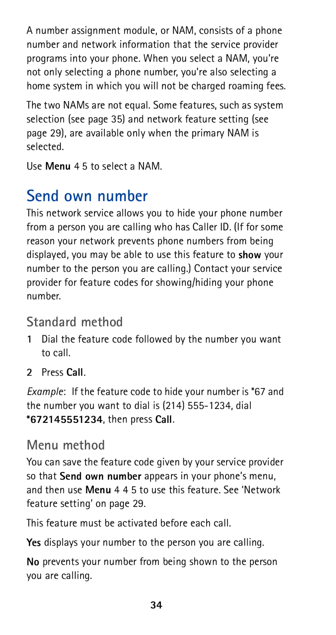 Nokia 5165 manual Send own number, Standard method, Menu method 