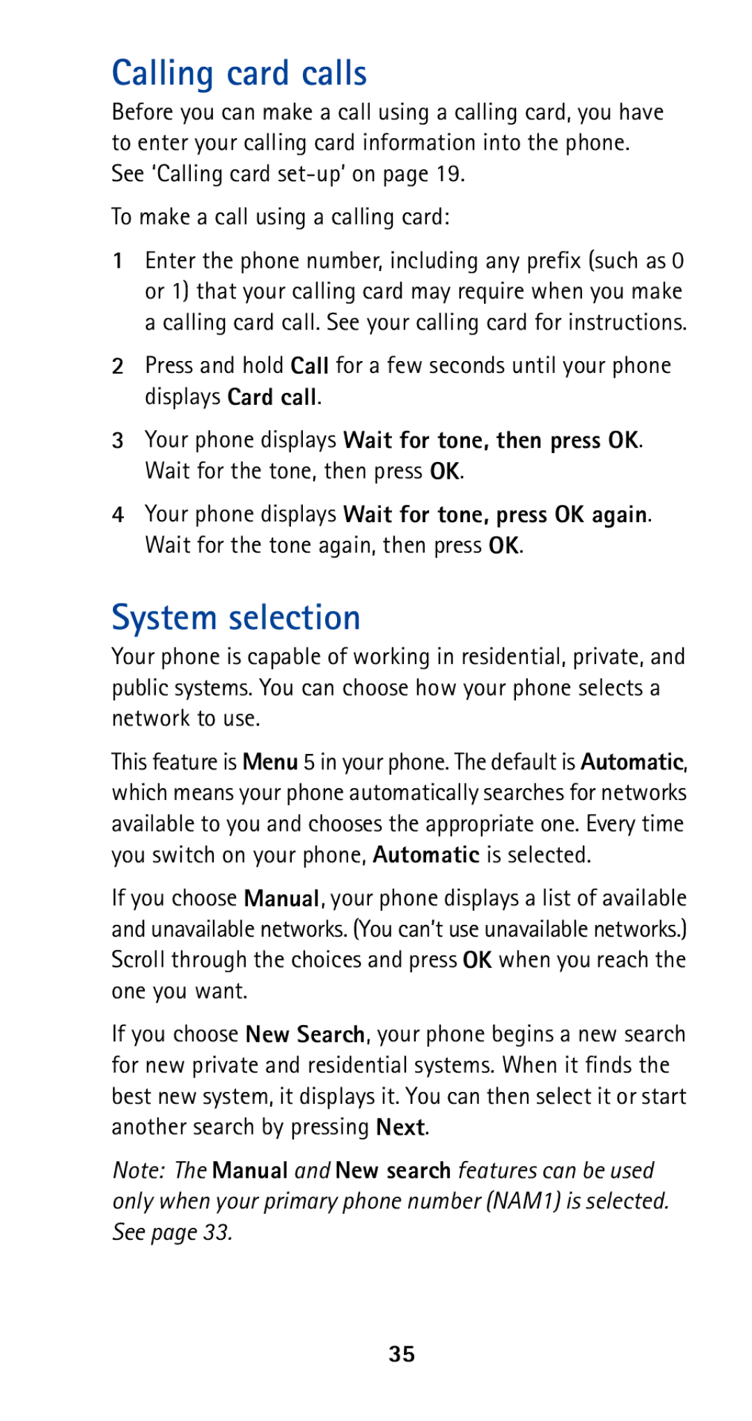 Nokia 5165 manual Calling card calls, System selection, To make a call using a calling card 