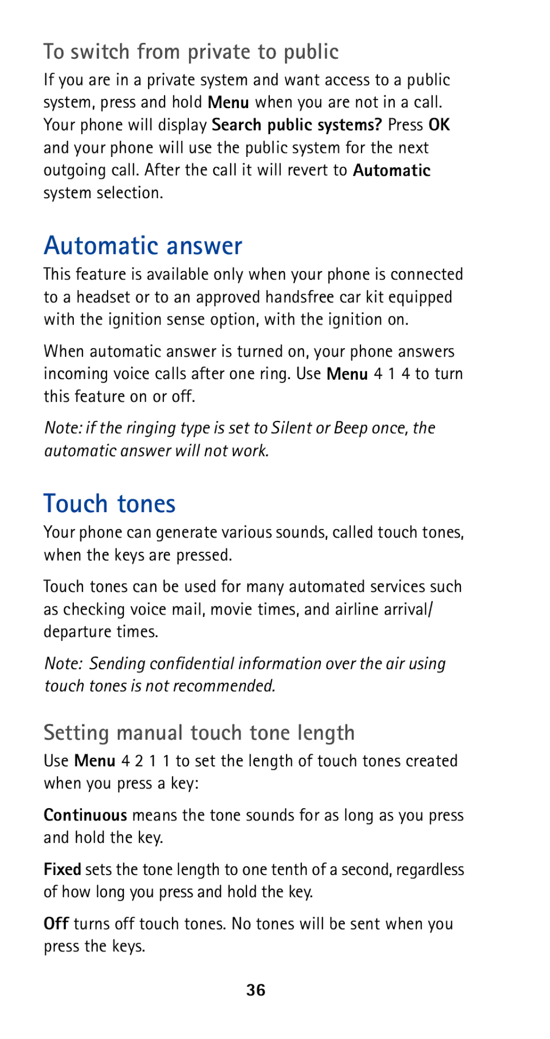 Nokia 5165 Automatic answer, Touch tones, To switch from private to public, Setting manual touch tone length 