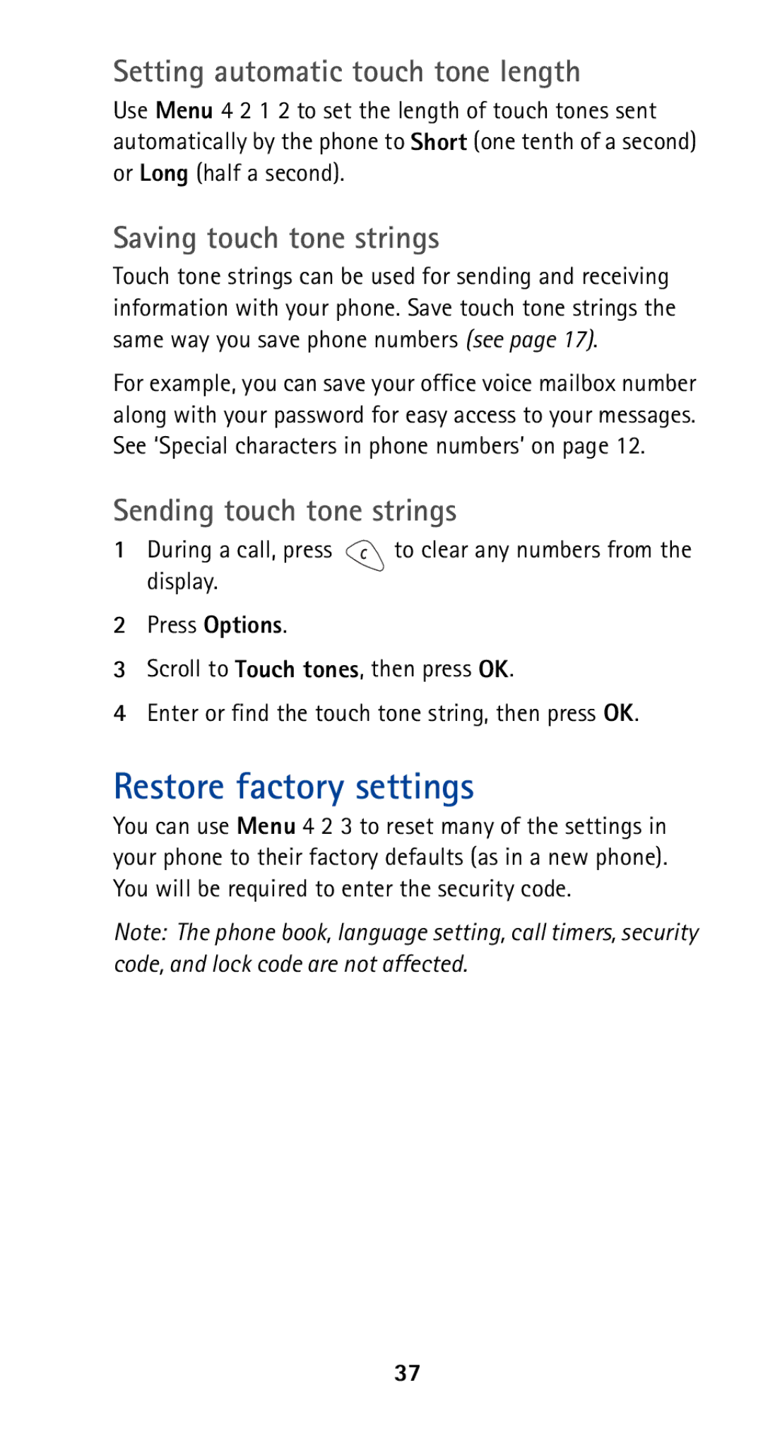 Nokia 5165 manual Restore factory settings, Setting automatic touch tone length, Saving touch tone strings 