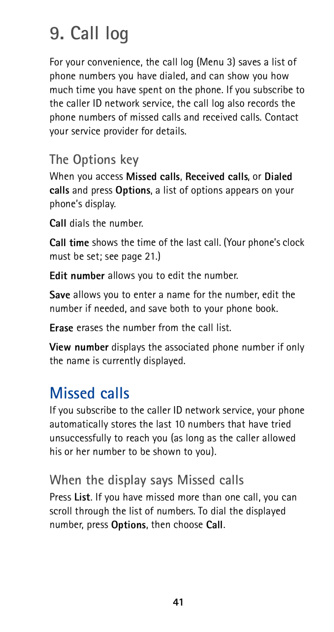 Nokia 5165 manual Call log, Options key, When the display says Missed calls 