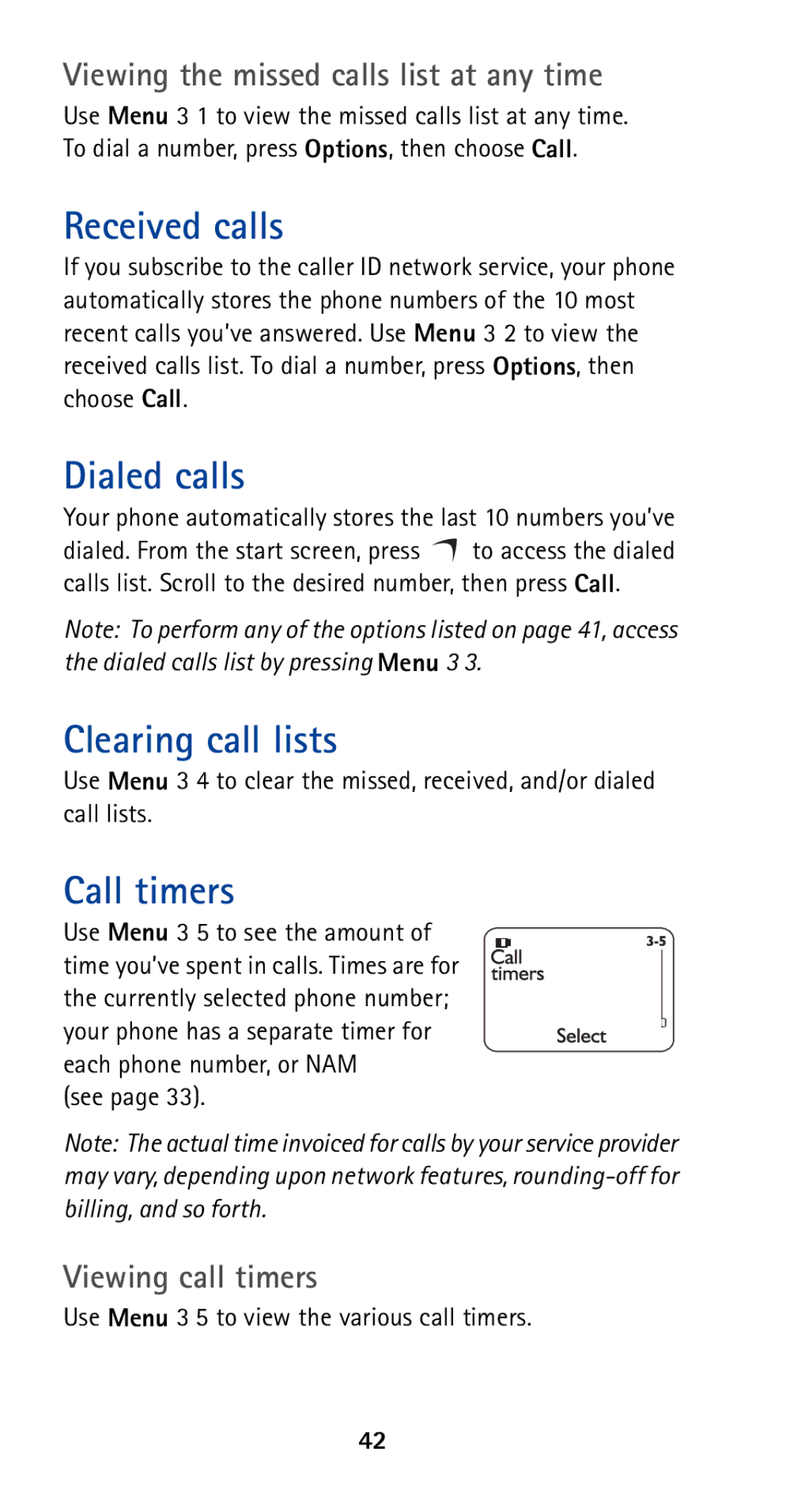 Nokia 5165 manual Received calls, Dialed calls, Clearing call lists, Call timers 