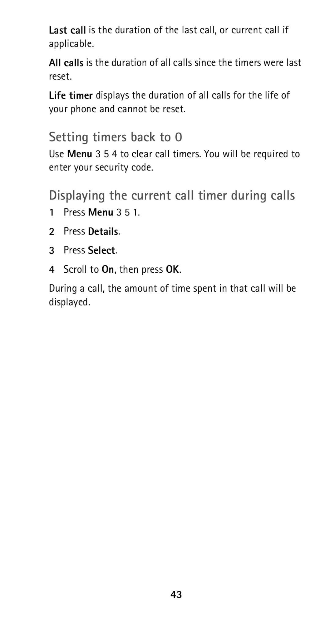 Nokia 5165 manual Setting timers back to, Displaying the current call timer during calls 