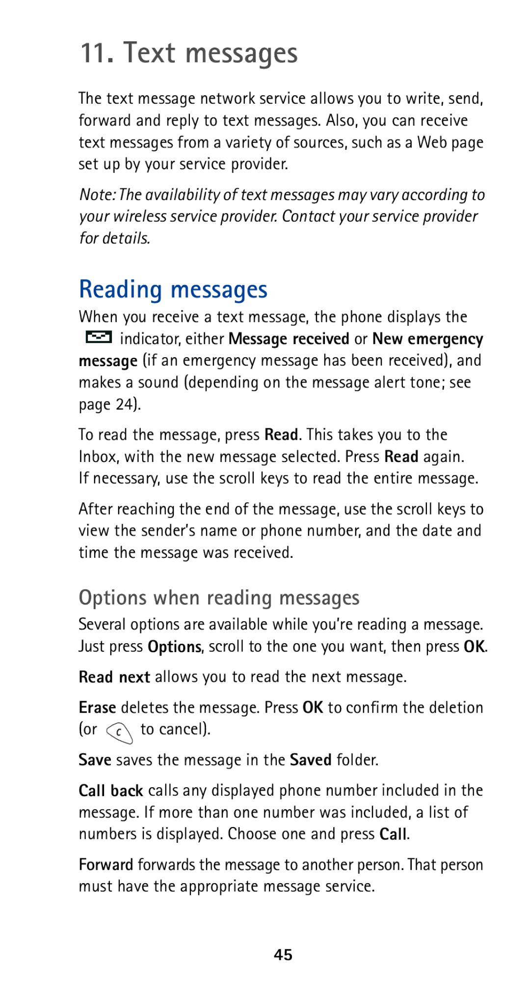 Nokia 5165 Text messages, Reading messages, Options when reading messages, Read next allows you to read the next message 