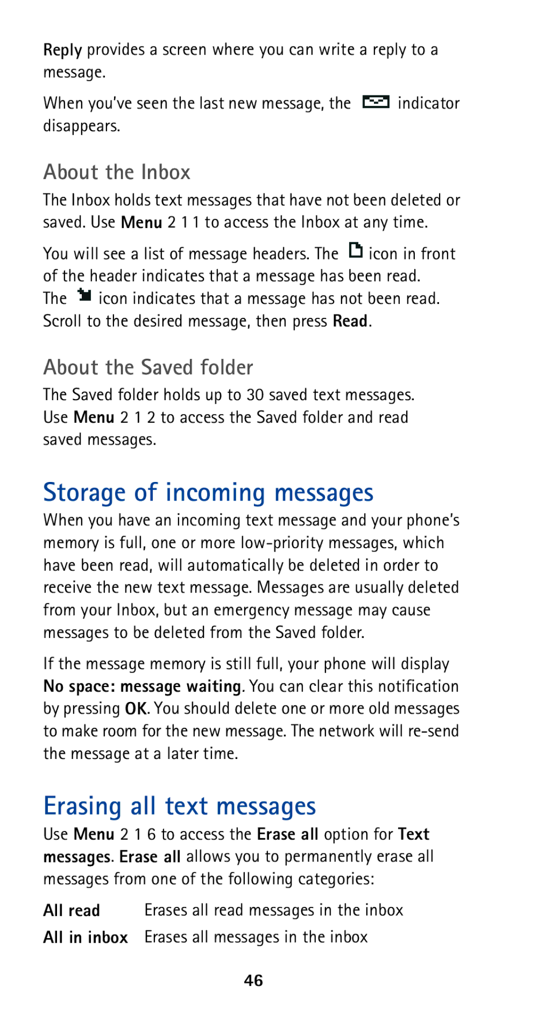 Nokia 5165 manual Storage of incoming messages, Erasing all text messages, About the Inbox, About the Saved folder 