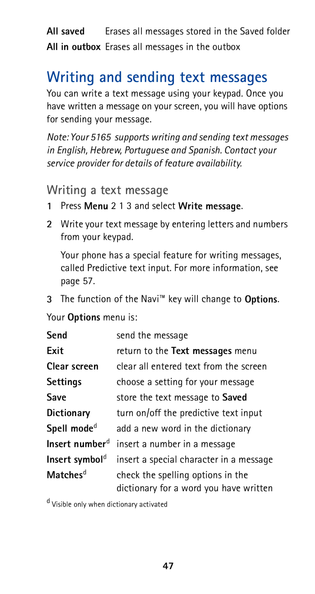 Nokia 5165 Writing and sending text messages, Writing a text message, All in outbox Erases all messages in the outbox 