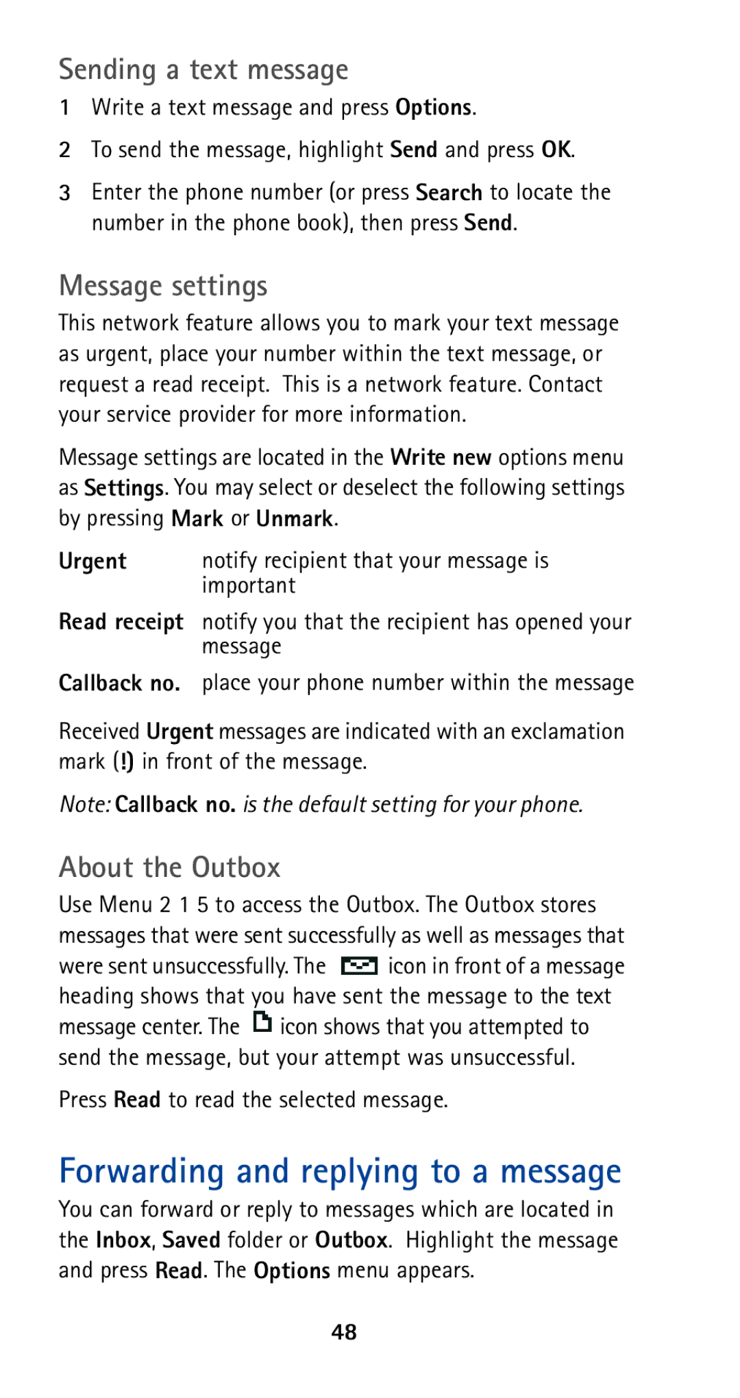 Nokia 5165 manual Forwarding and replying to a message, Sending a text message, Message settings, About the Outbox 