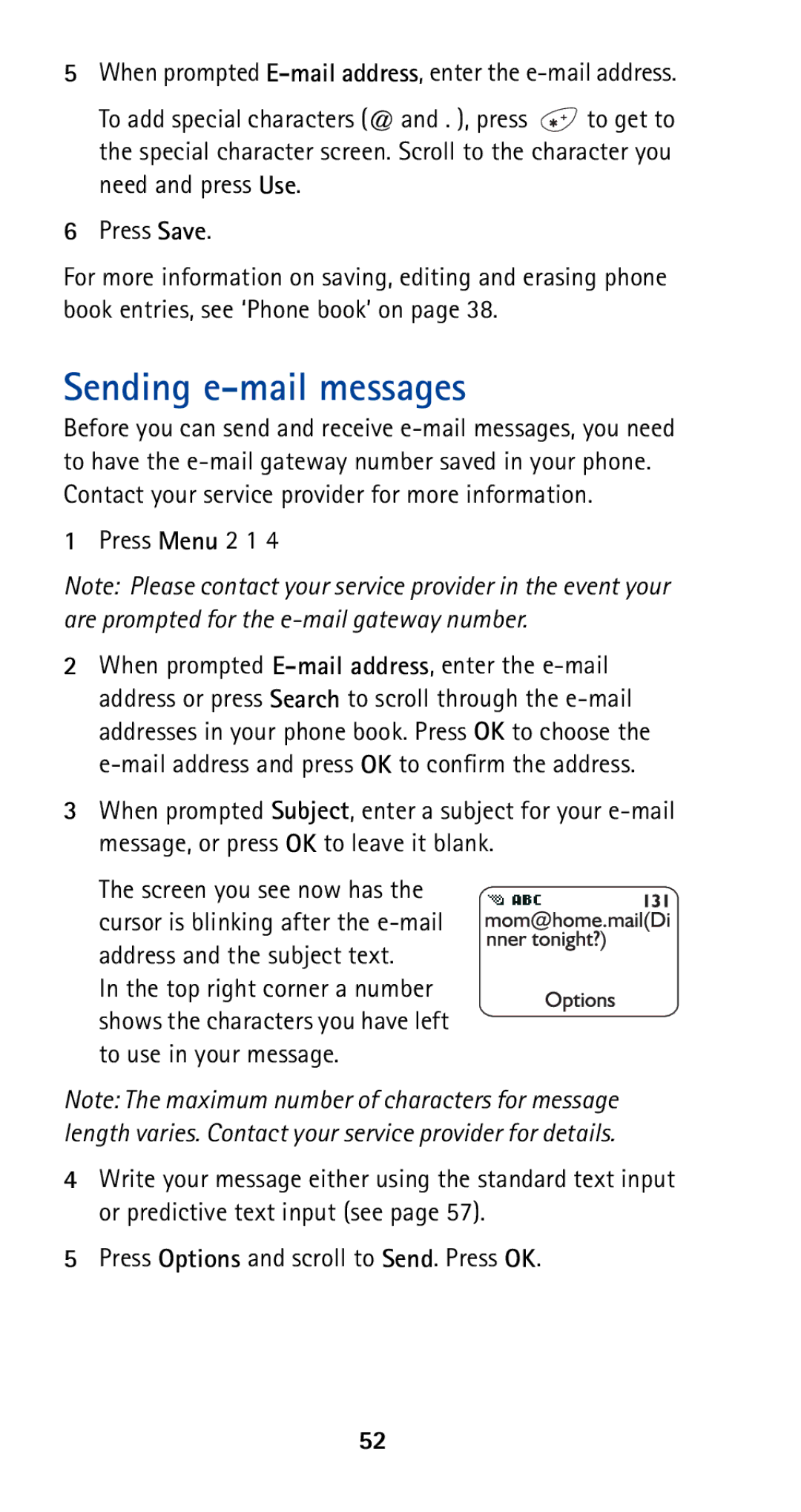 Nokia 5165 manual Sending e-mail messages, Press Menu 2 1 