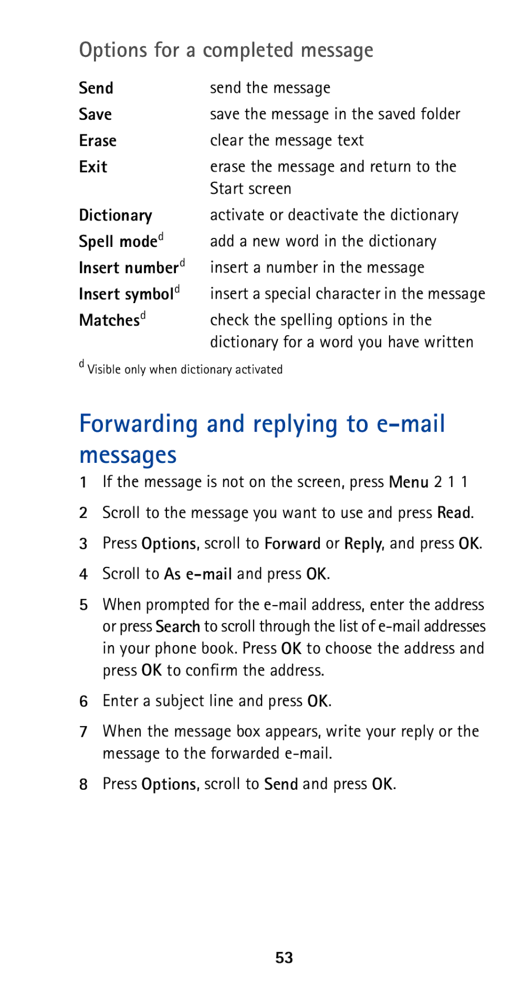 Nokia 5165 Forwarding and replying to e-mail messages, Options for a completed message, Scroll to As e-mailand press OK 