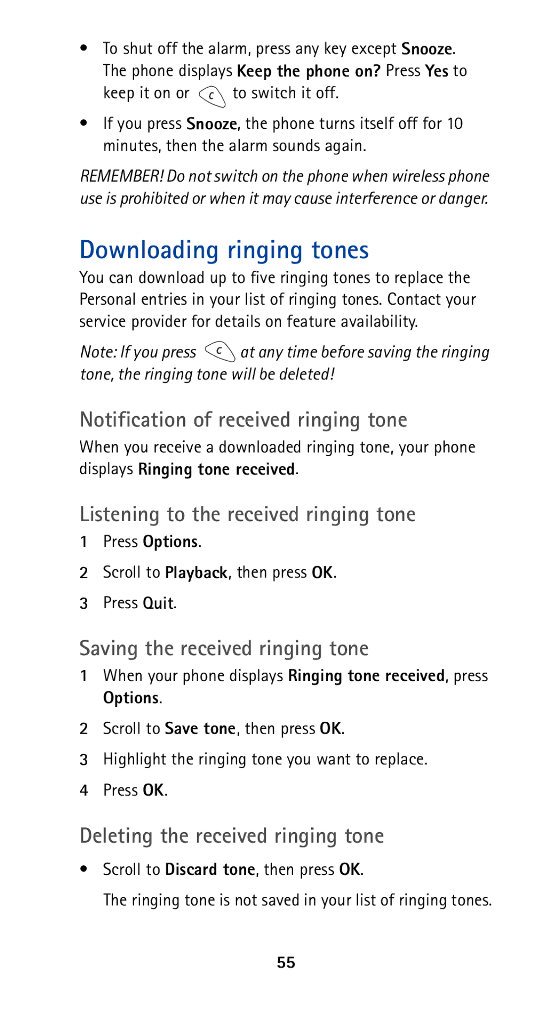 Nokia 5165 manual Downloading ringing tones, Notification of received ringing tone, Listening to the received ringing tone 