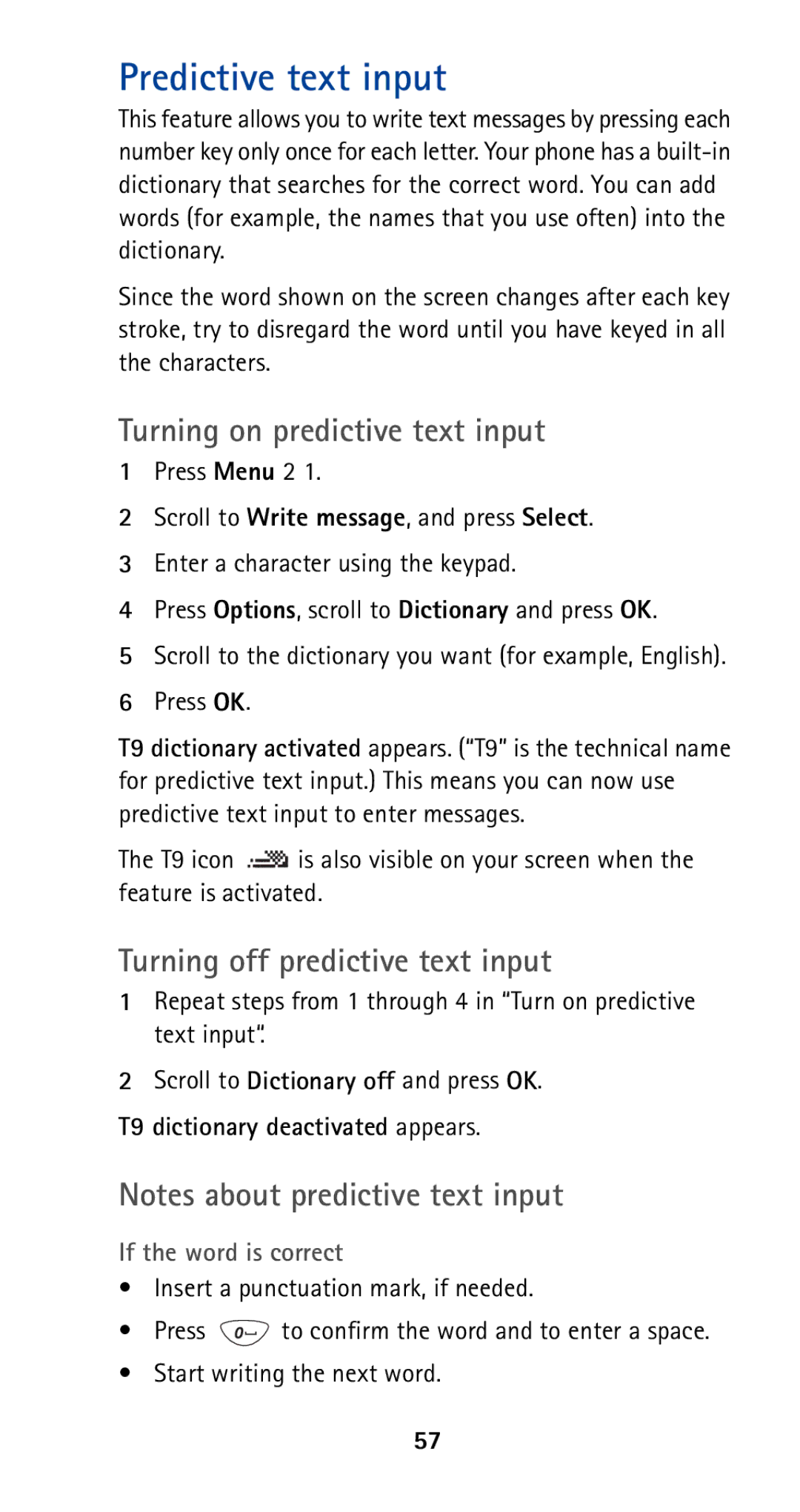 Nokia 5165 manual Predictive text input, Turning on predictive text input, Turning off predictive text input 