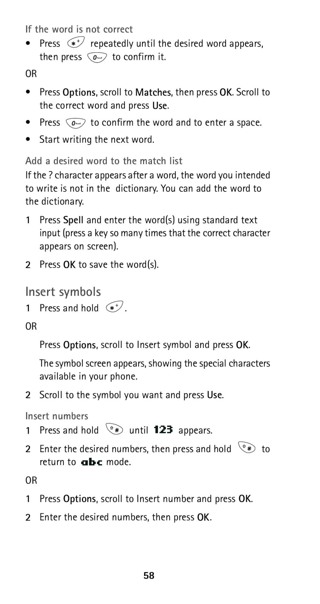 Nokia 5165 manual Insert symbols, If the word is not correct, Add a desired word to the match list, Insert numbers 